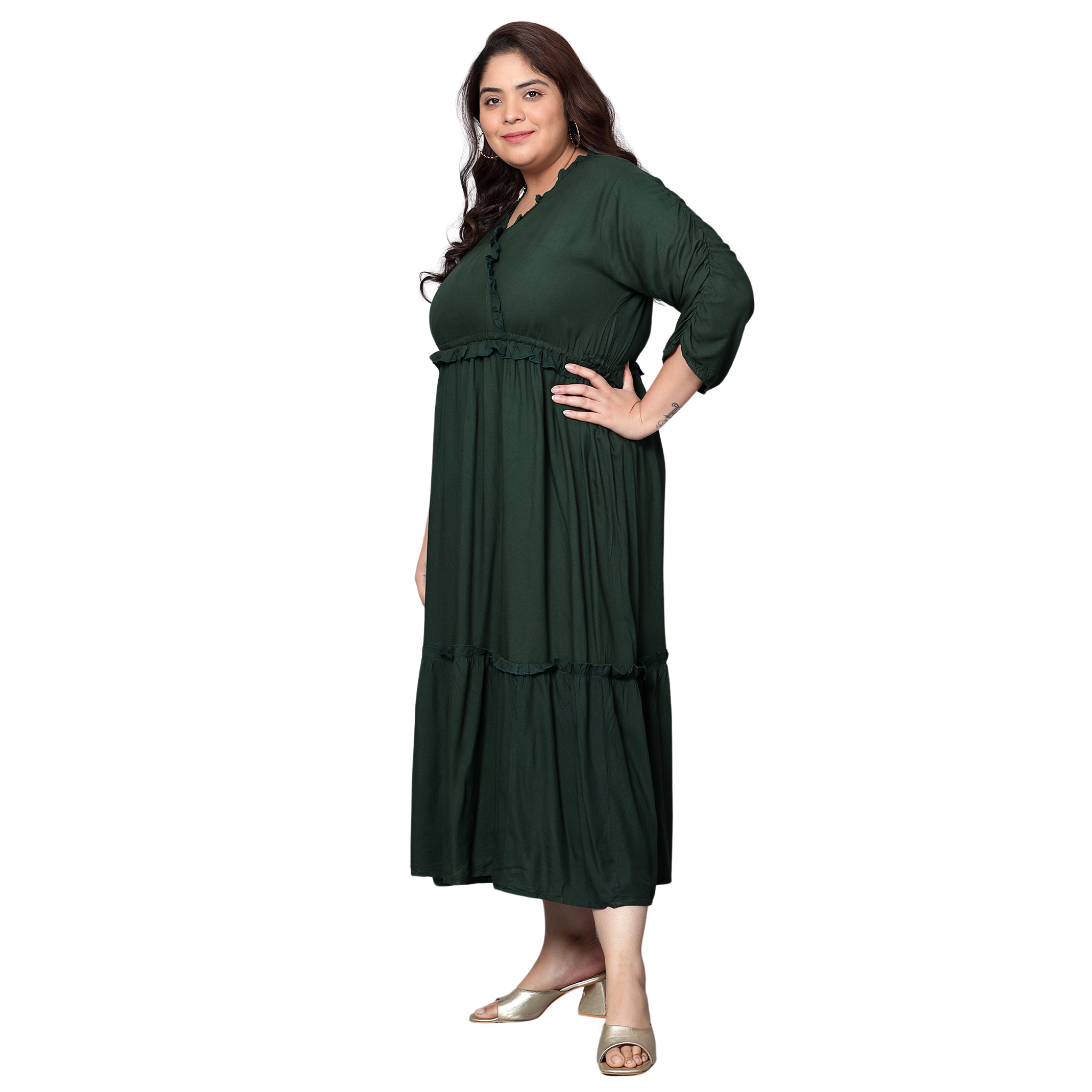 Dark Green Solid Tier Plus Size Dress