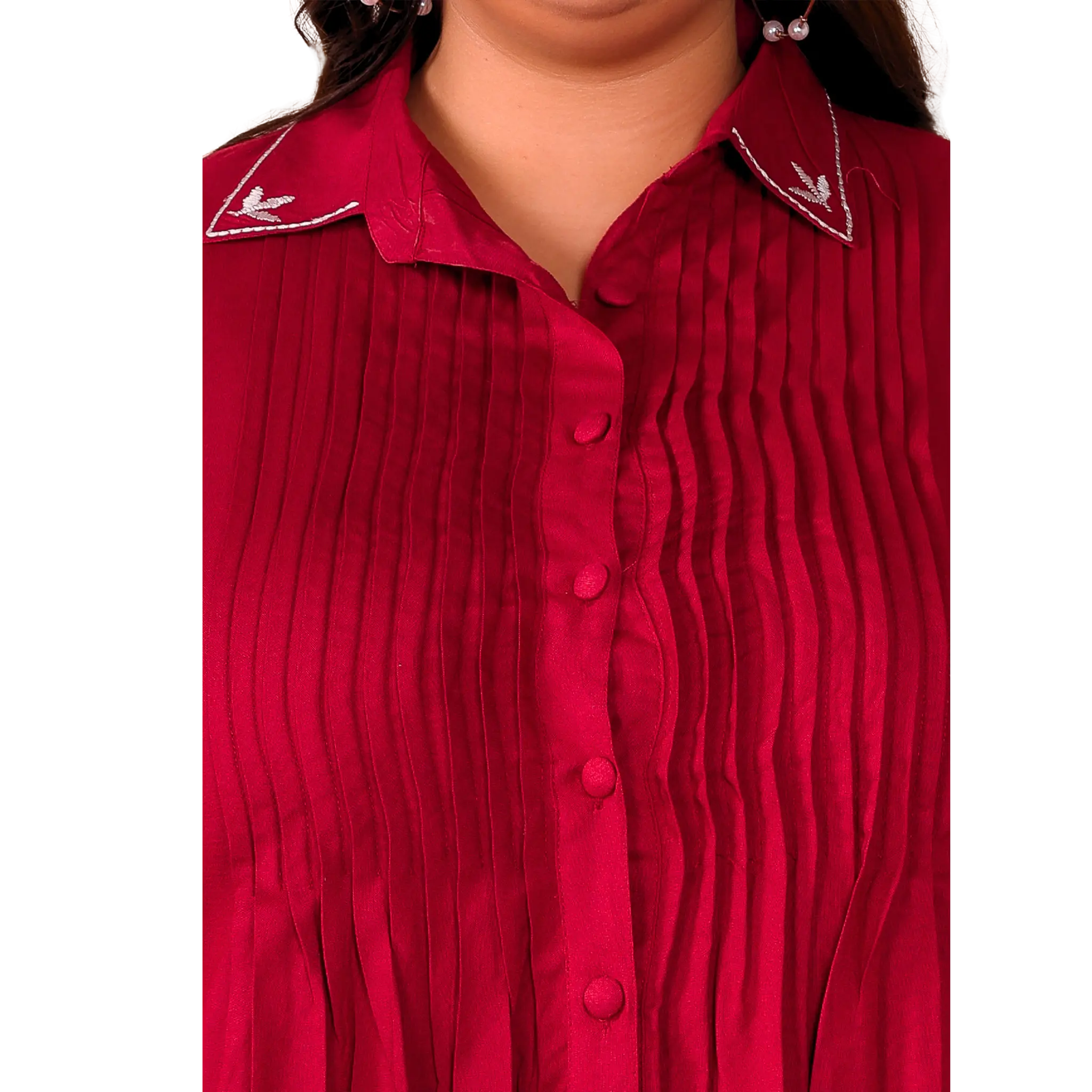 Red Rayon Collar Embroidered Co Ord Set