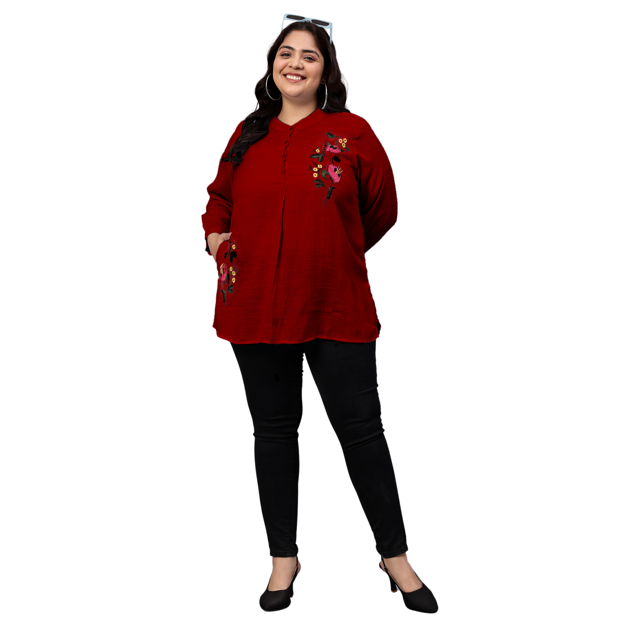 Maroon Floral Embroidered Plus Size Tunic