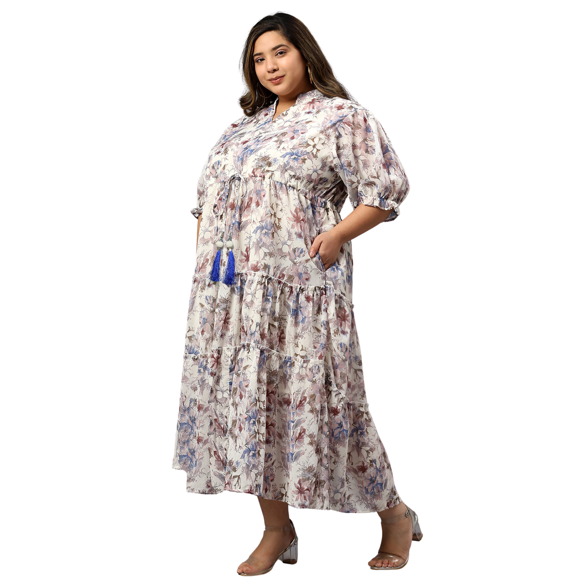 Blue Georgette Tiered Plus Size Dress