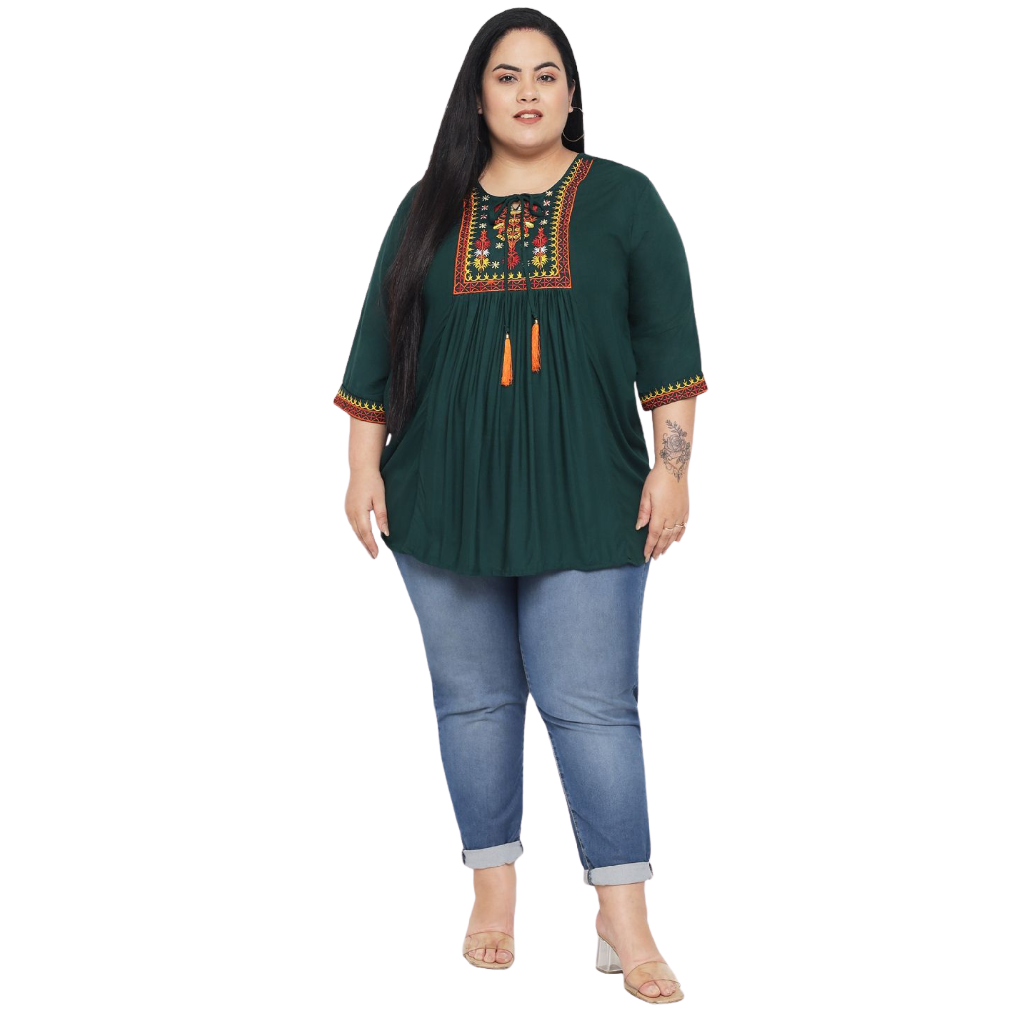 Dark Green Embroidered Plus Size Tunic