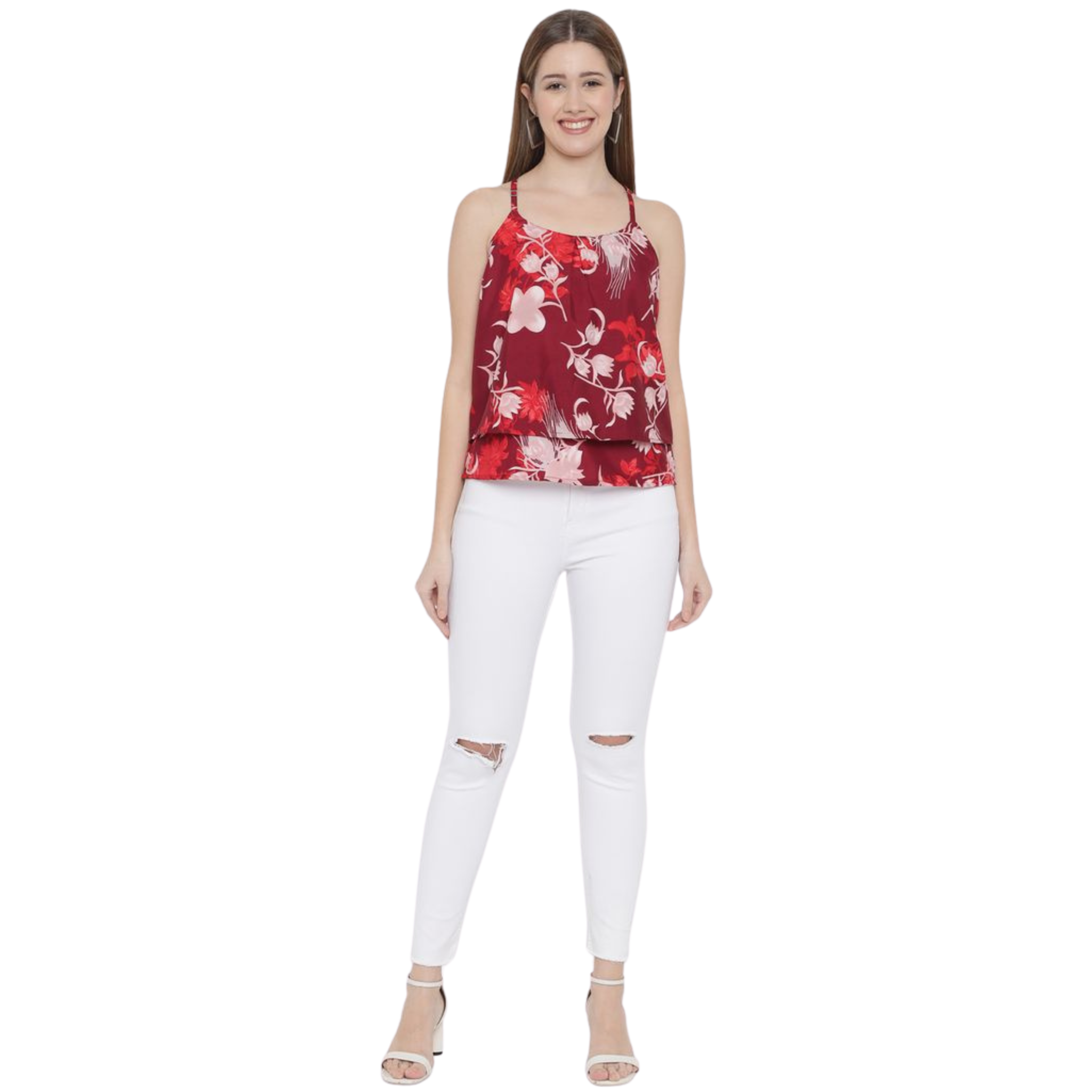 Red Floral Strap Top