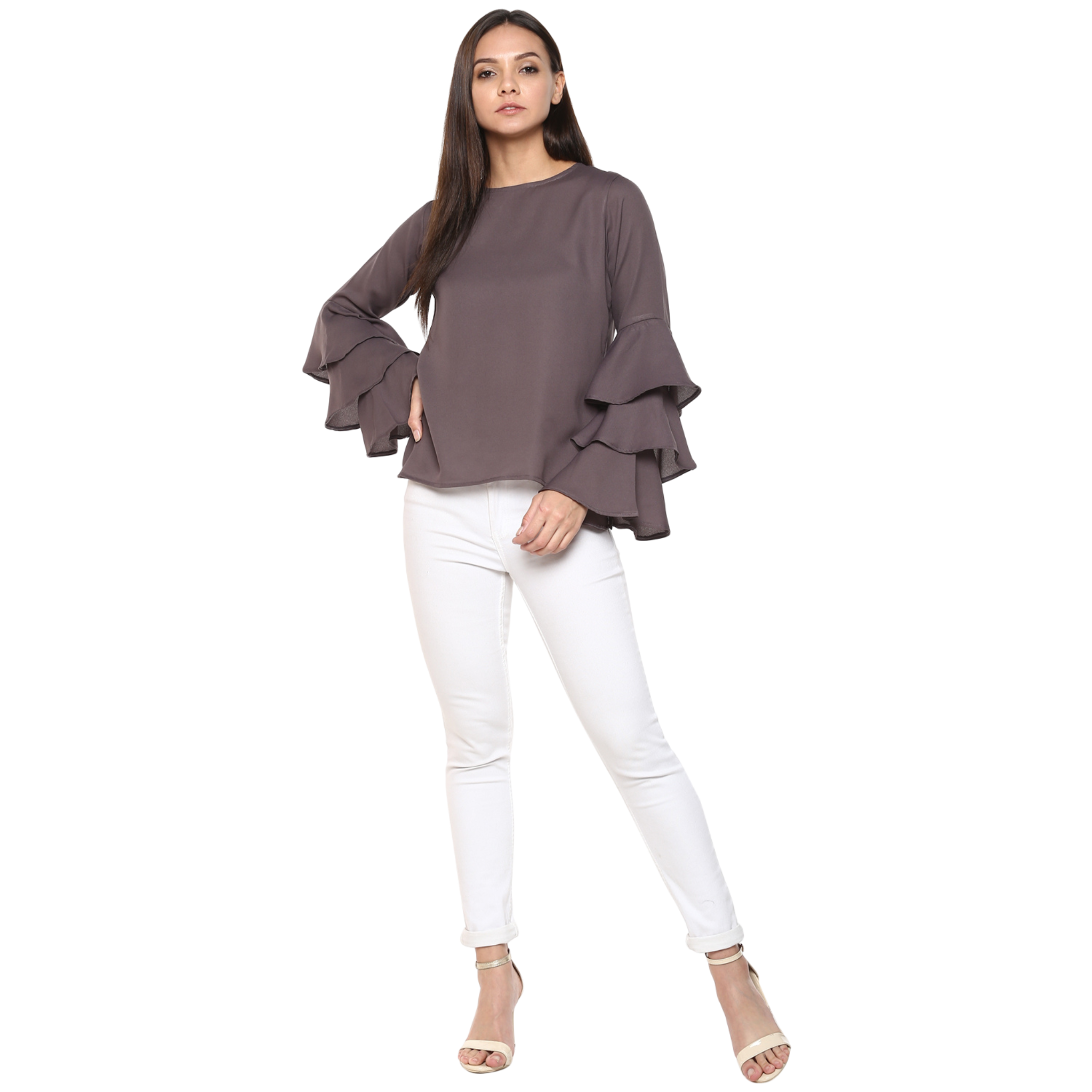 Grey Solid Georgette Bell Sleeves Tops