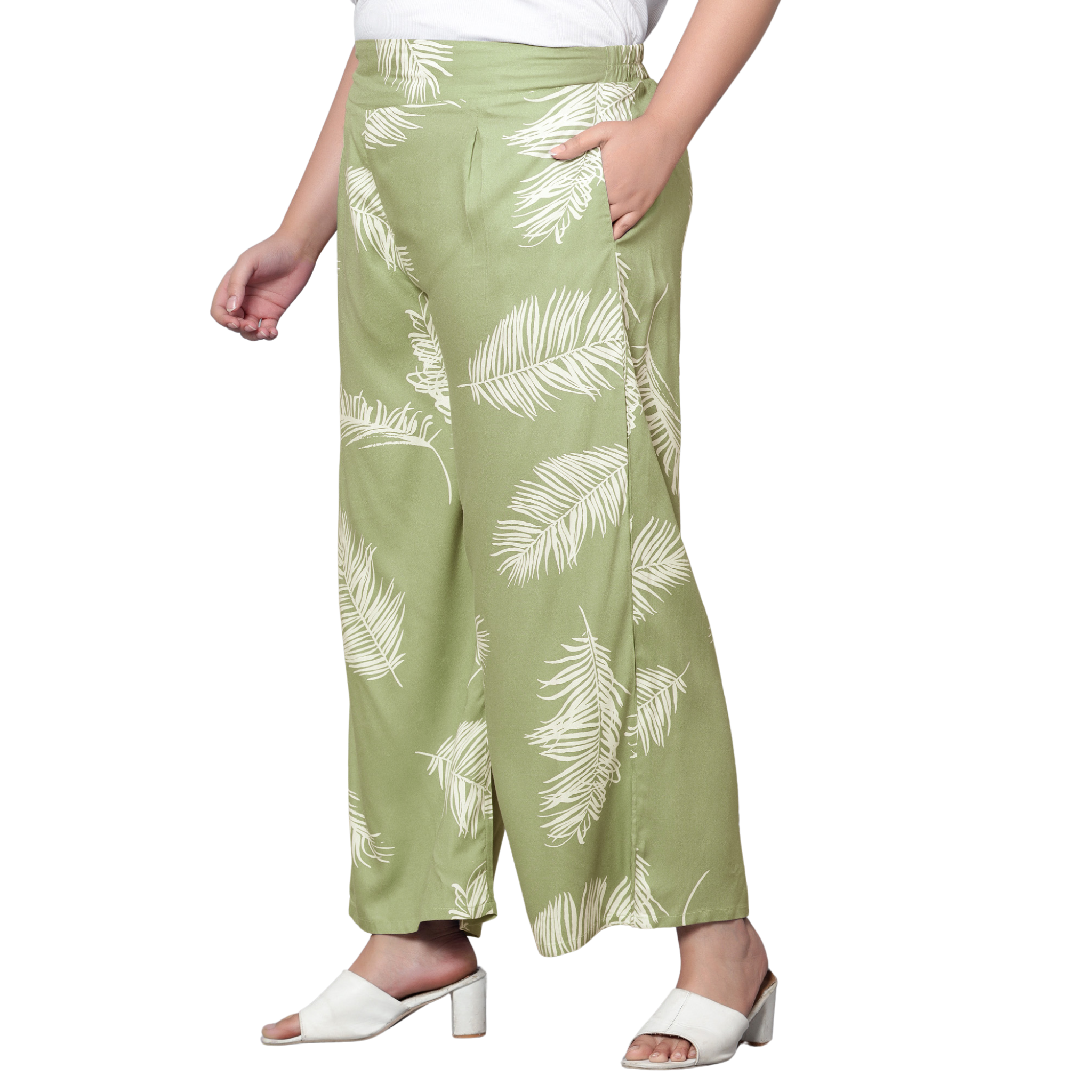 Green Leaf Print Plus Size Trousers