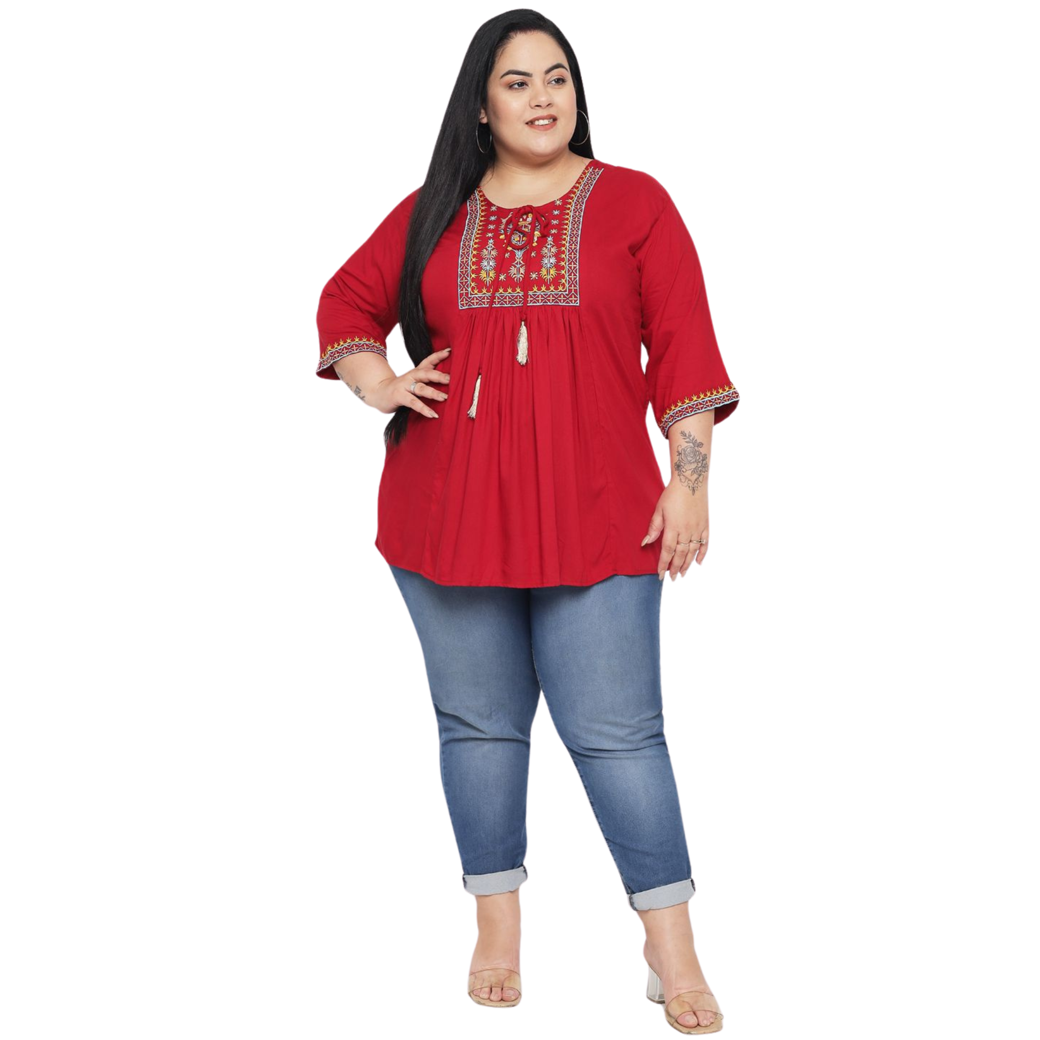 Red Embroidered Plus Size Tunic