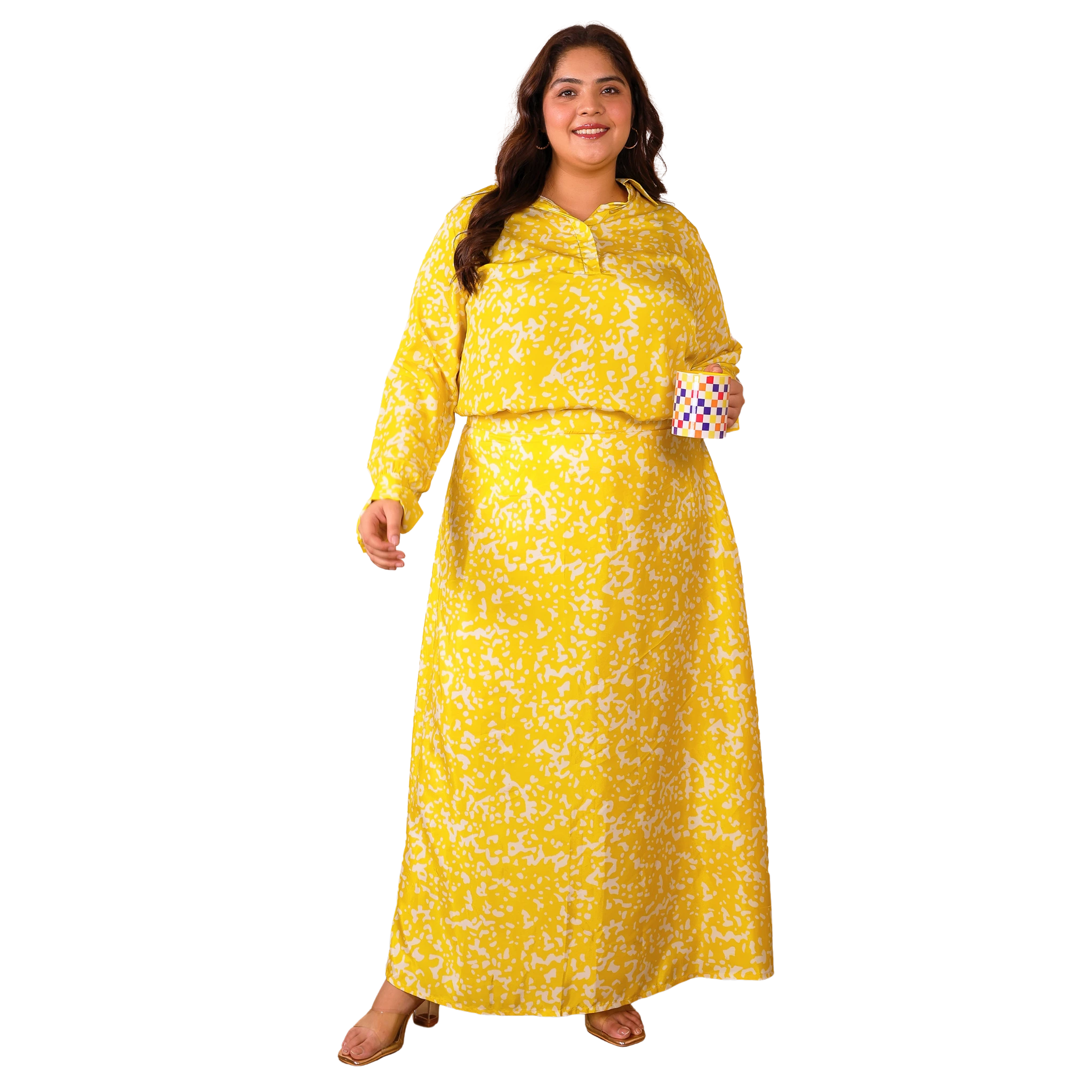 Yellow Satin Print Plus Size Co Ord Set