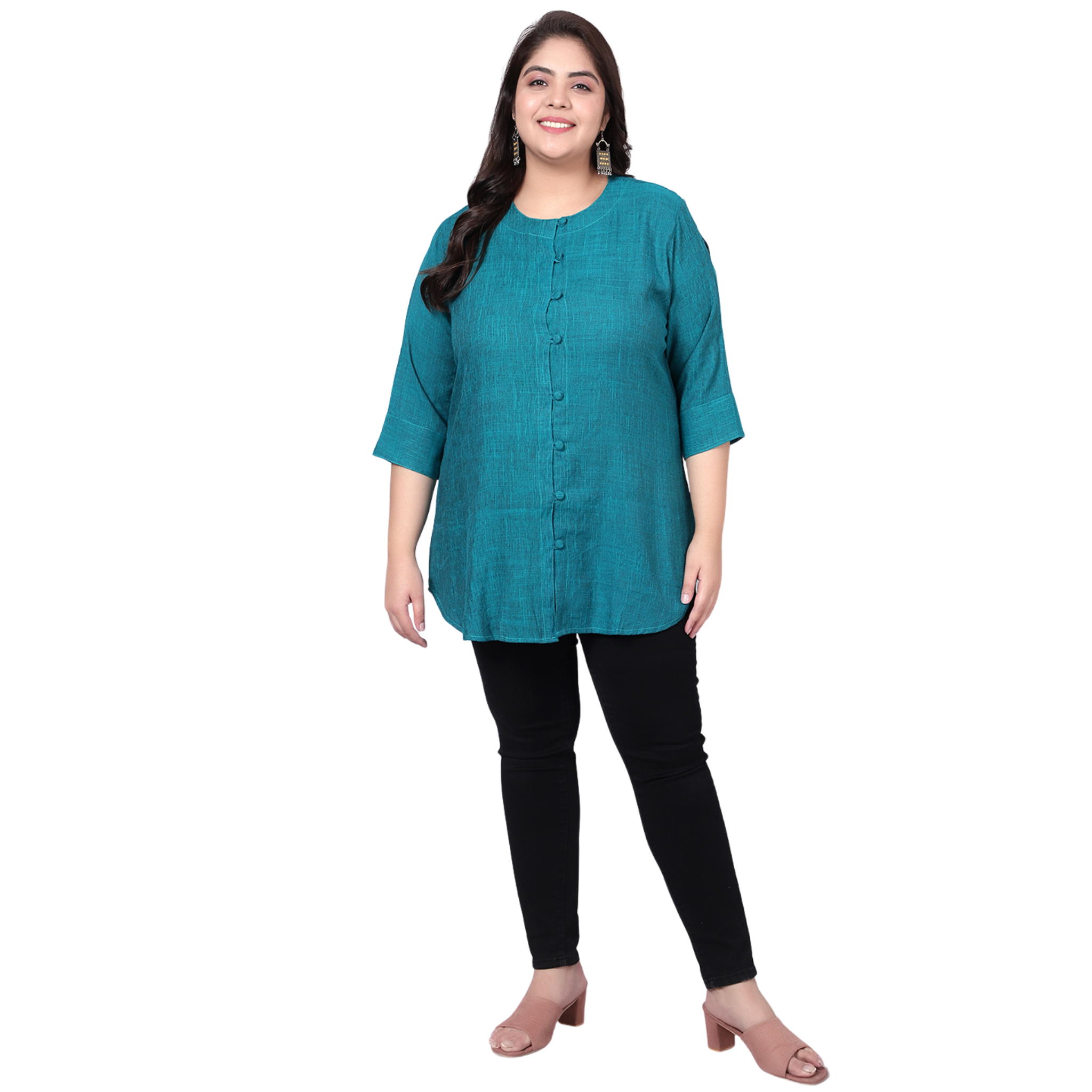 Turquoise Cotton Linen Plus Size Tunic