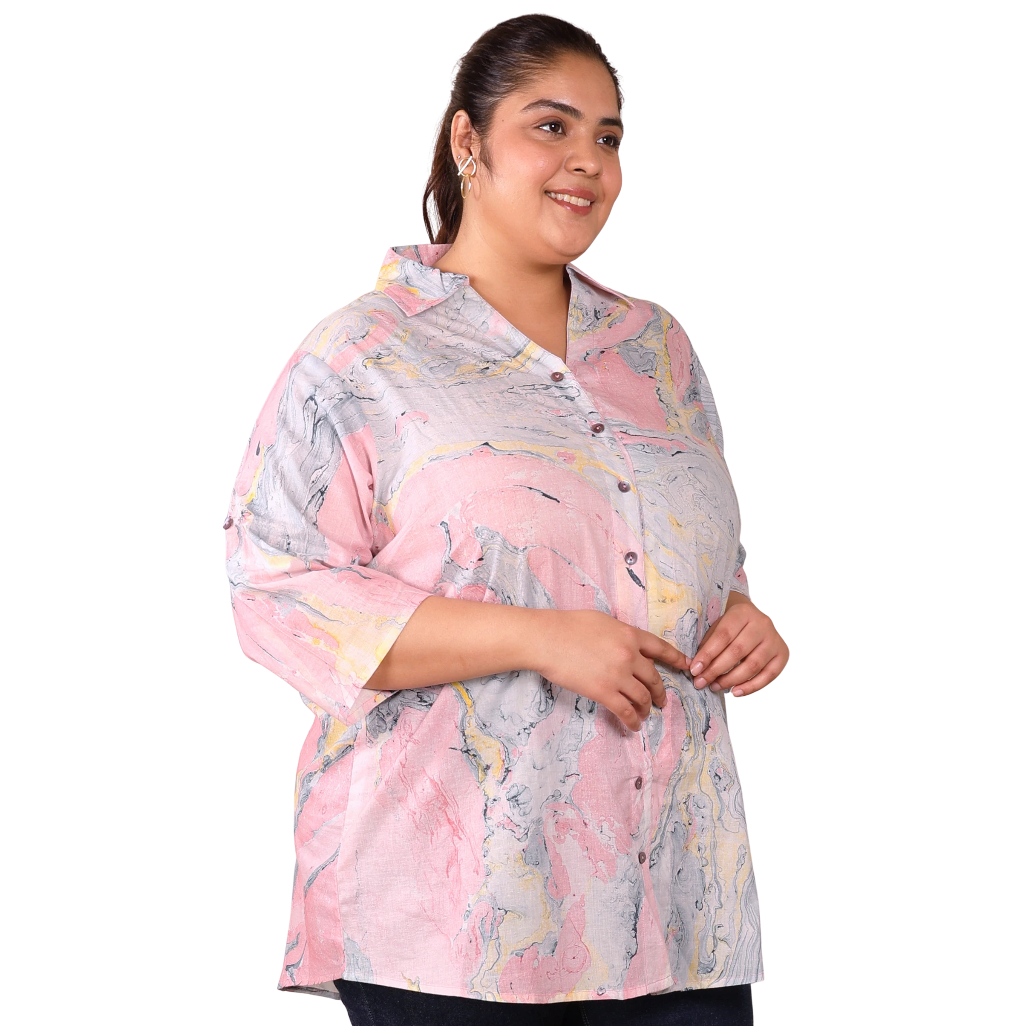 Pink Marble Print Longline Plus Size Shirt