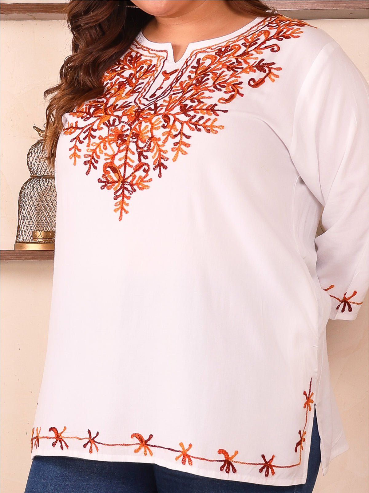 White And Red Embroidered Plus Size Tunic