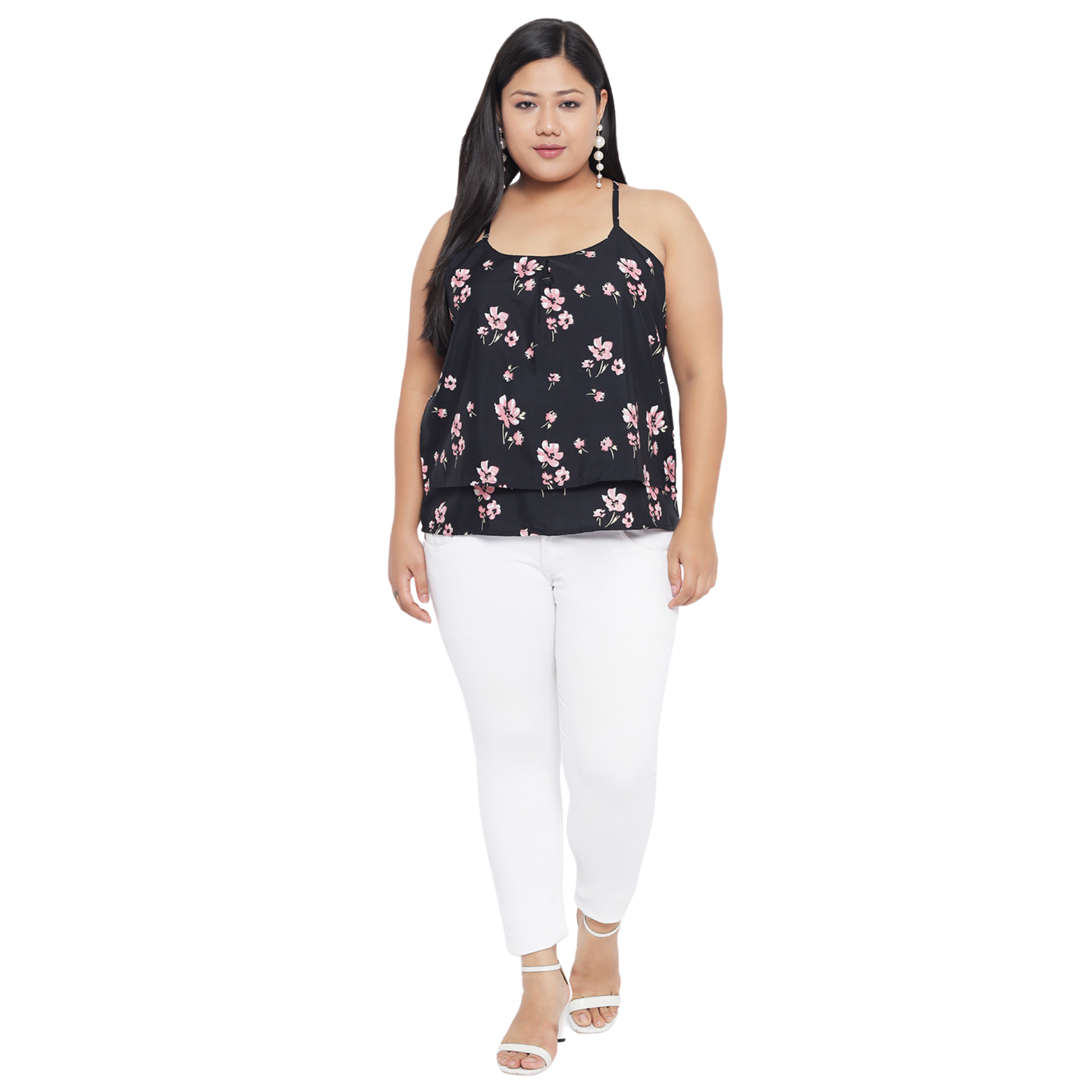 Black Floral Strap Plus Size Top