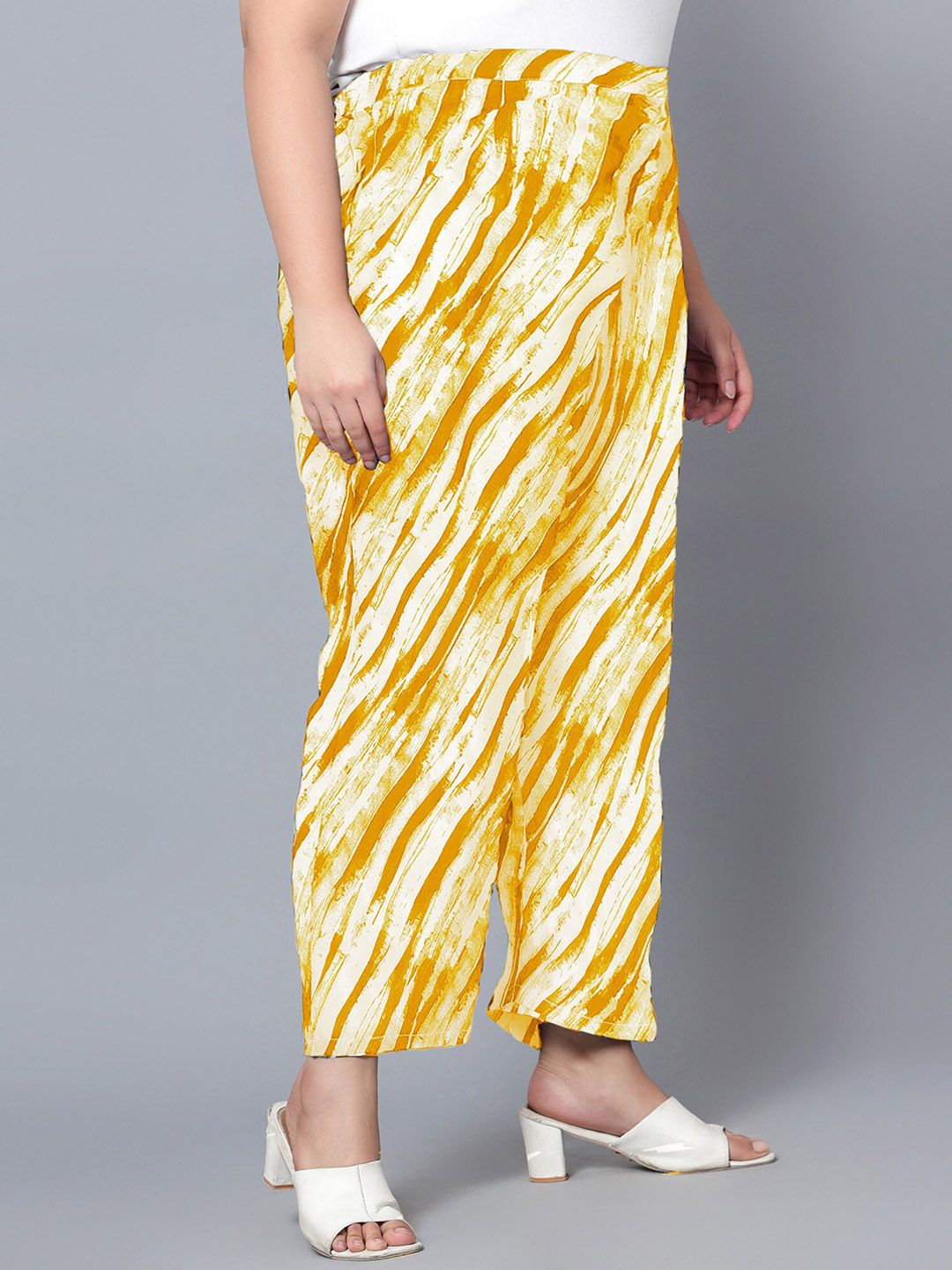 Yellow Leheriya Print Plus Size Trousers — view 2