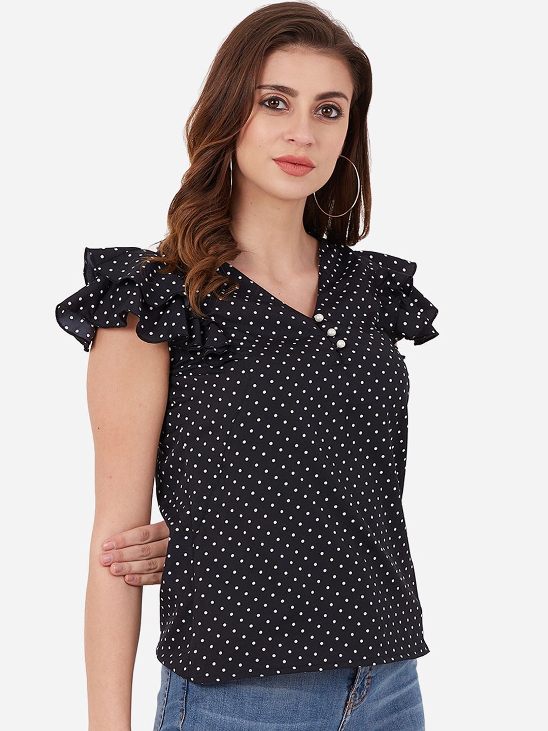 Black Polka Dot Buttoned Ruffle Top — view 8