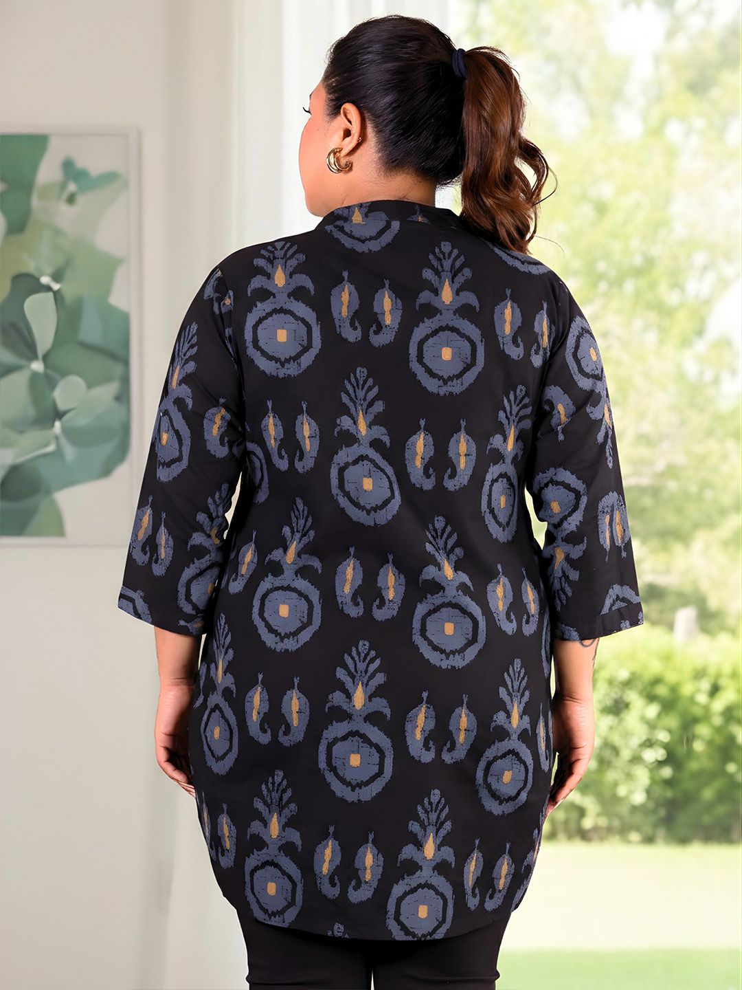 Black Cotton Print Plus Size Tunic — view 6