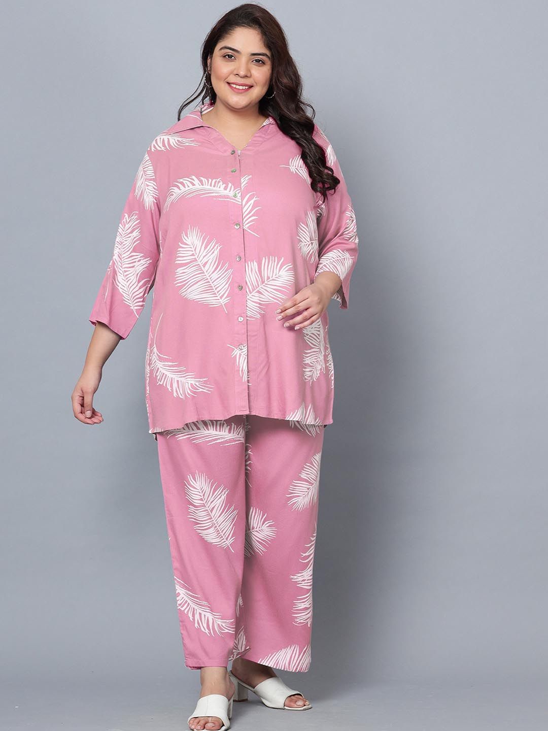 Pink Leaf Print Plus Size Co-Ord Set — view 1