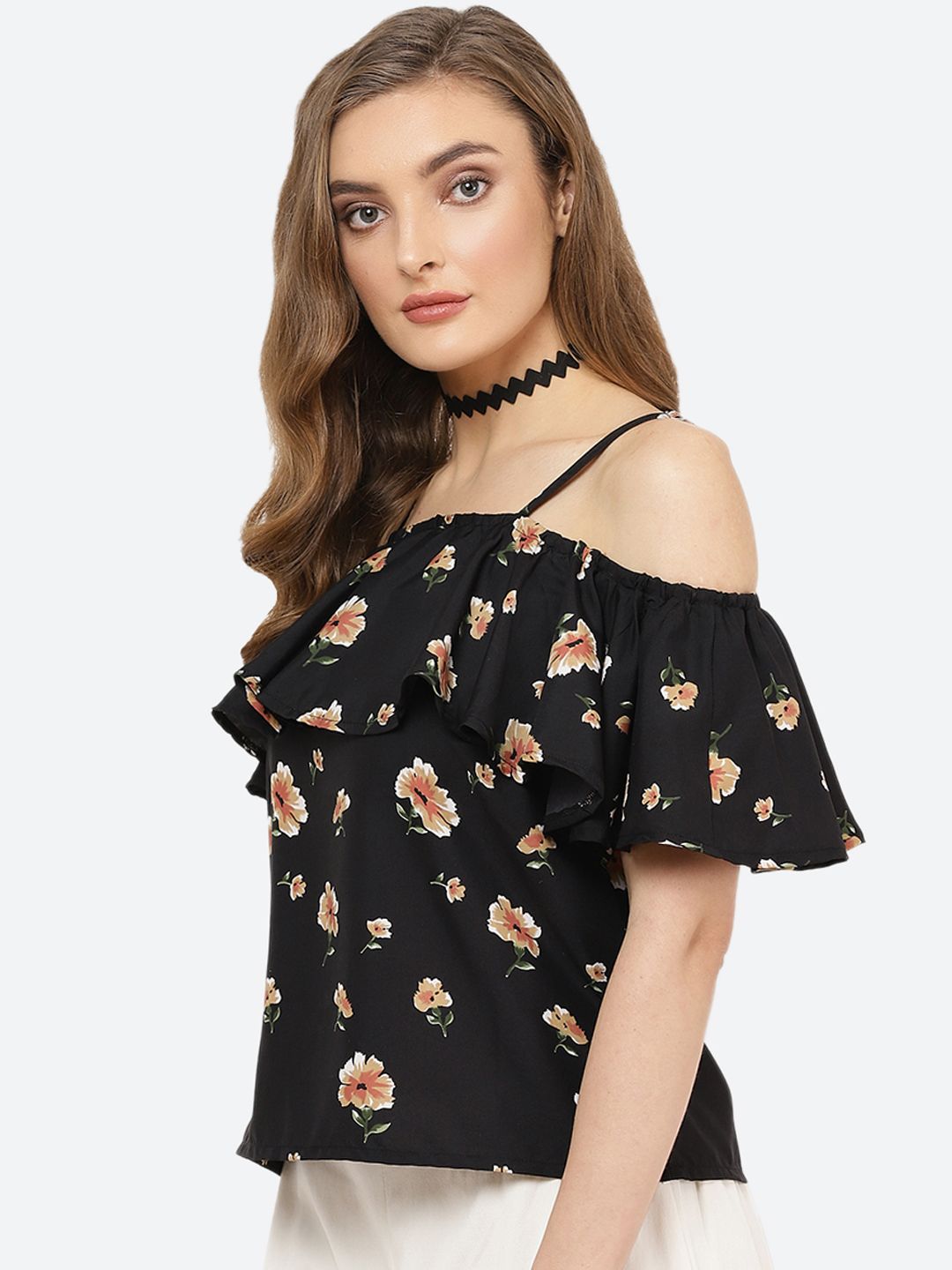 Black Floral Print Cold Shoulder Top — view 3