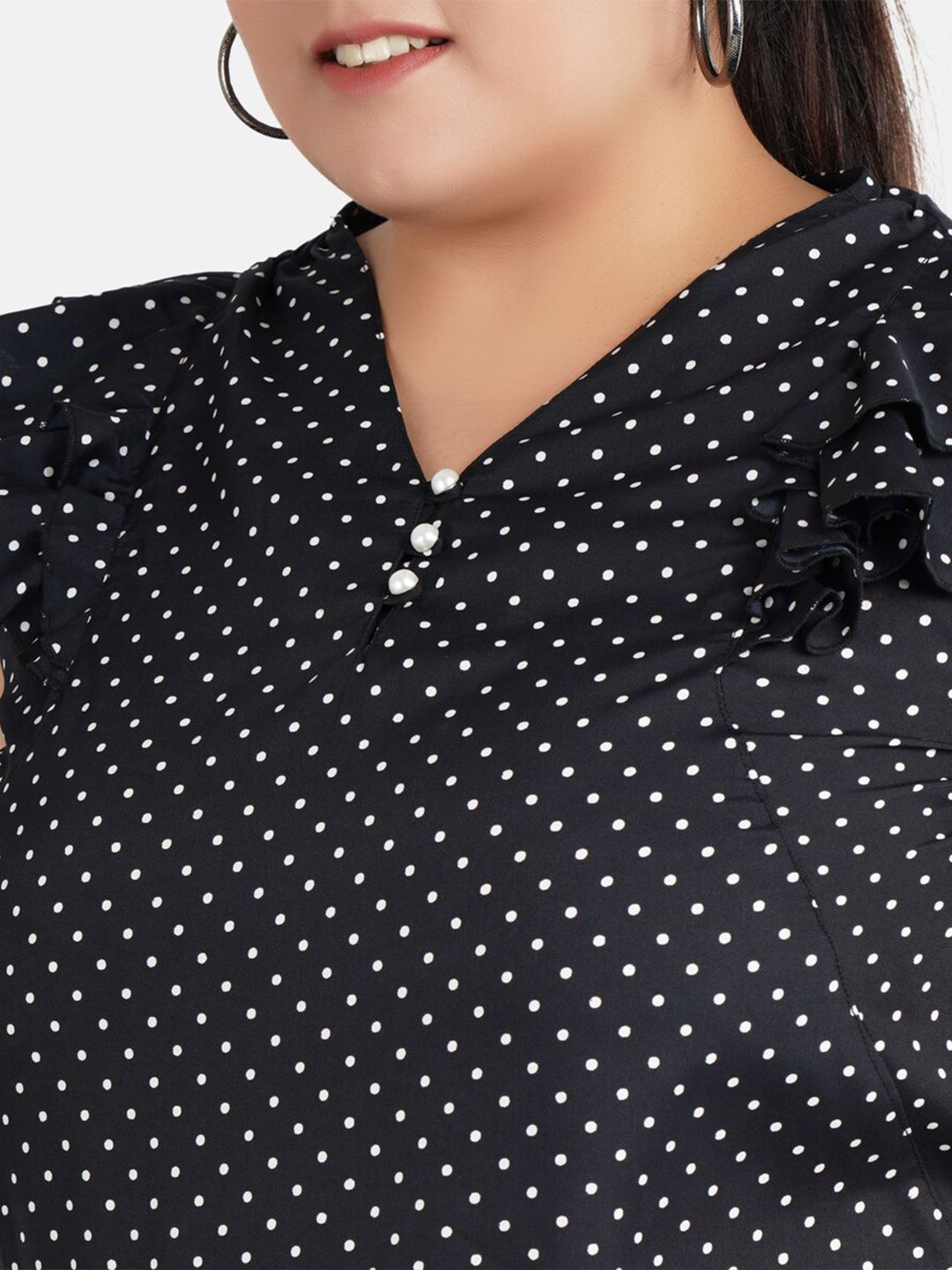 Black Polka Dot Buttoned Ruffle Top — view 2