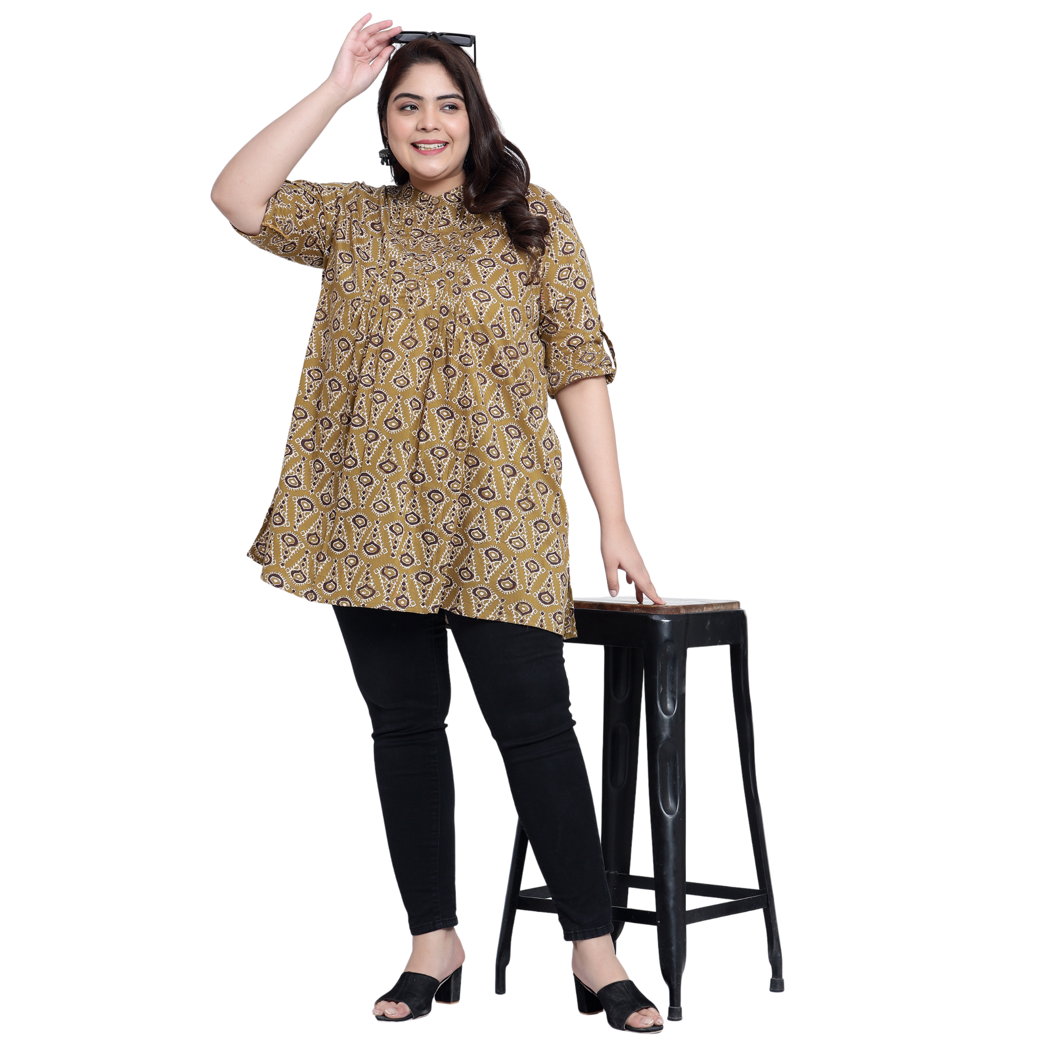 Mustard Geometric Print Pleat Plus Size Tunic