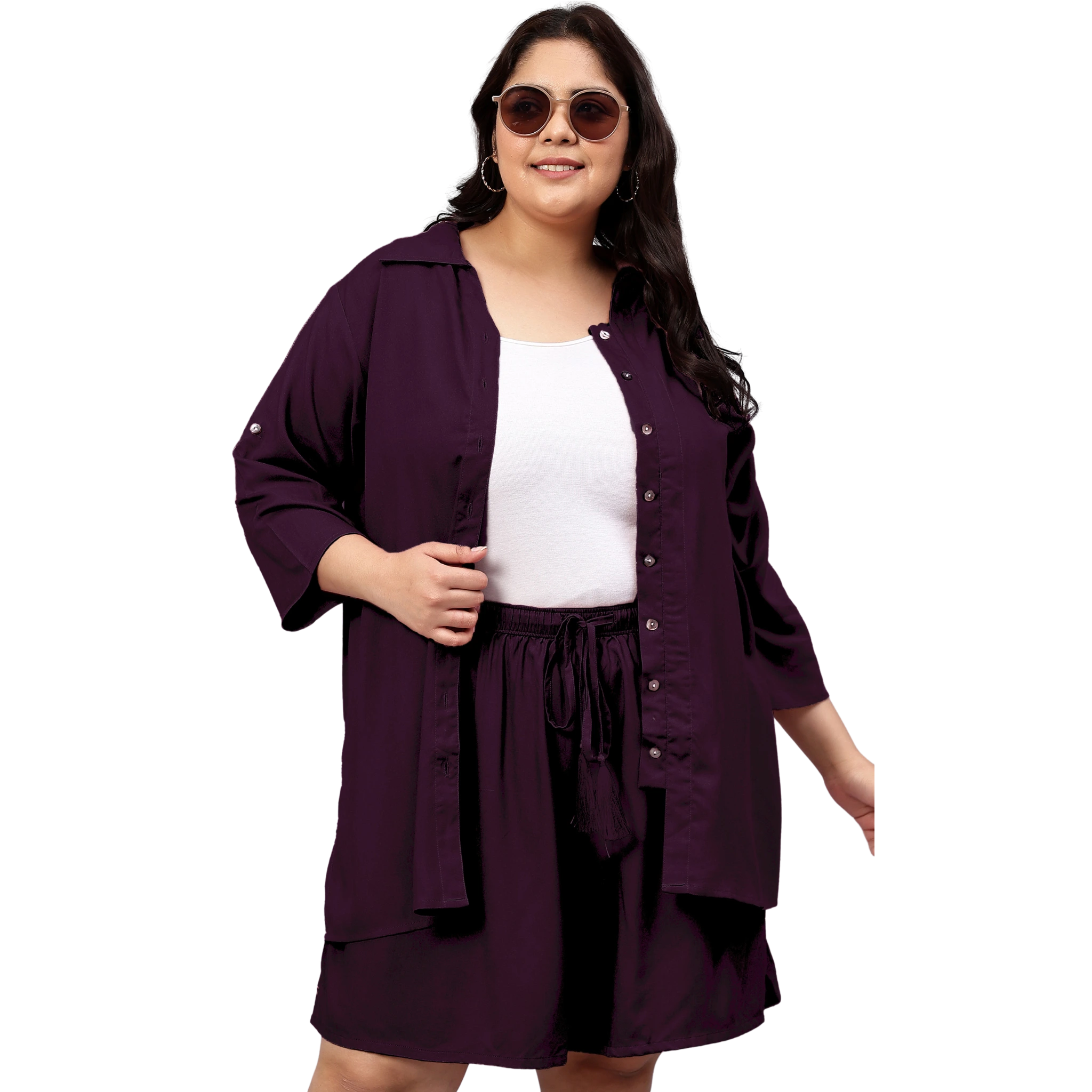 Purple Solid Plus Size Flared Shorts