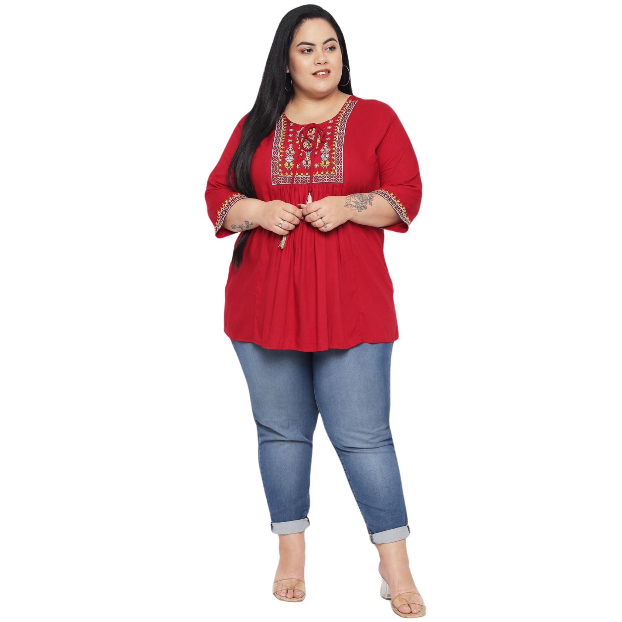 Red Embroidered Plus Size Tunic