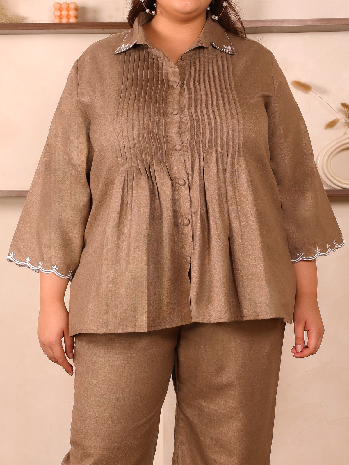 Brown Cotton Collar Embroidered Co Ord Set