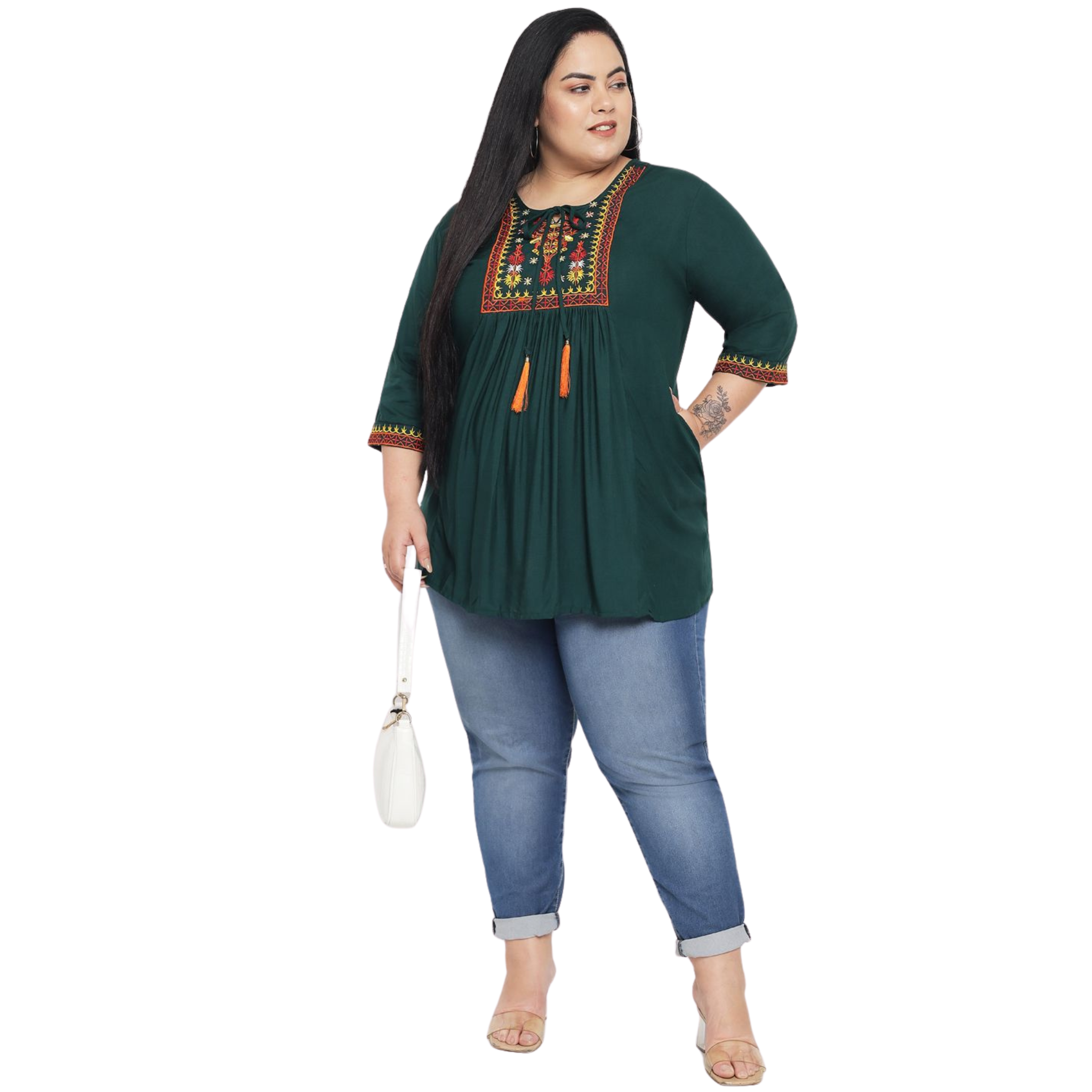 Dark Green Embroidered Plus Size Tunic