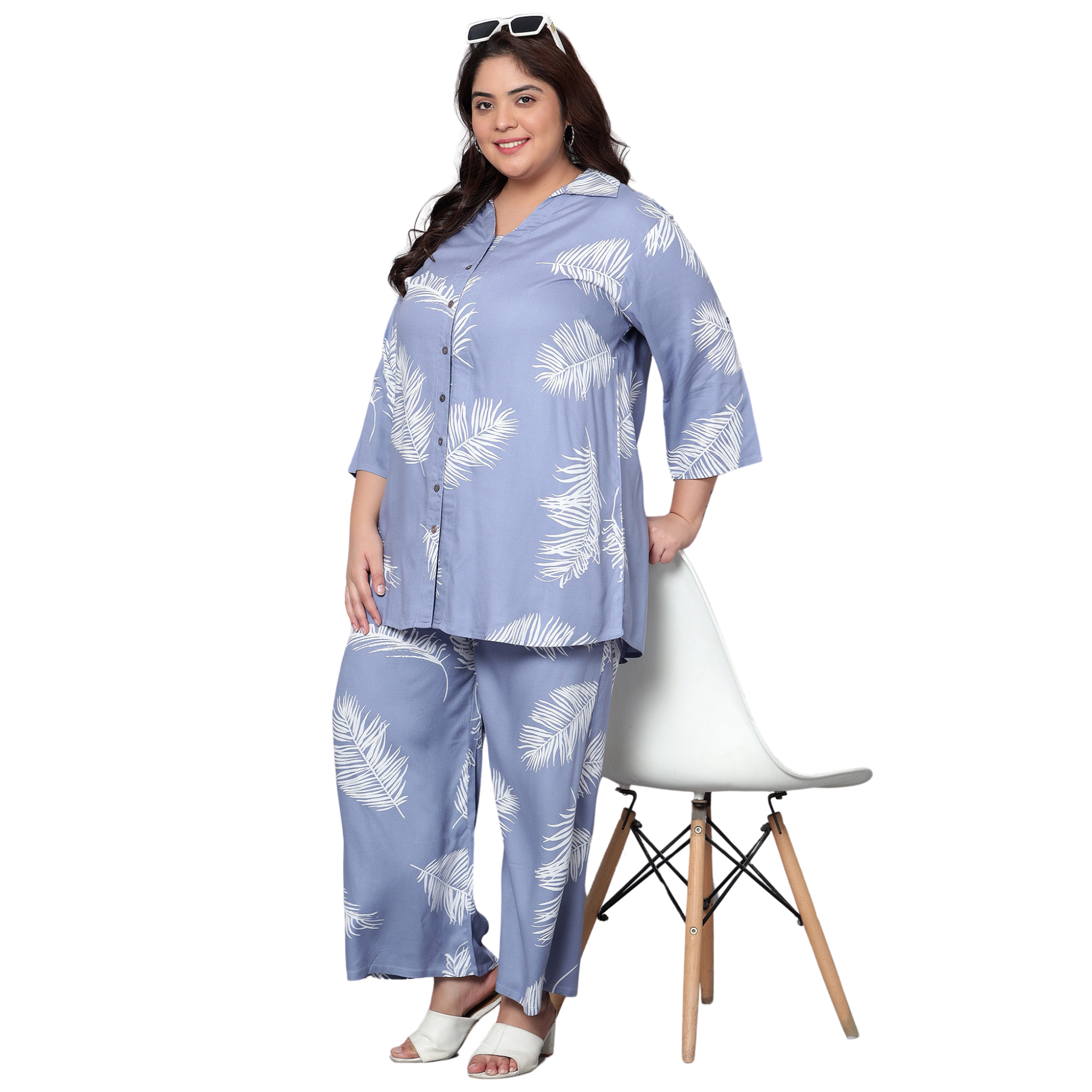 Blue Leaf Print Plus Size Co-Ord Set