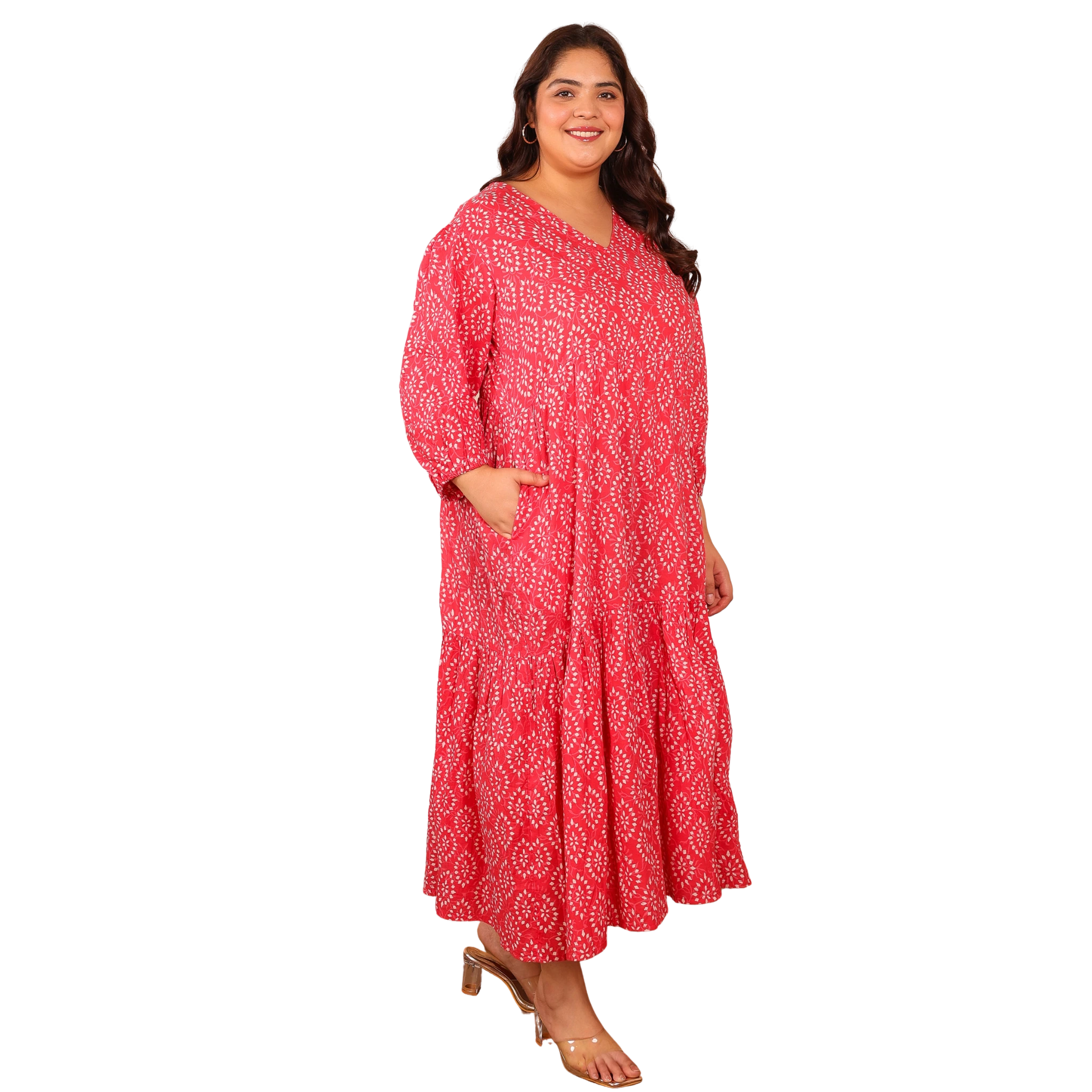 Pink Cotton Print Plus Size Dress