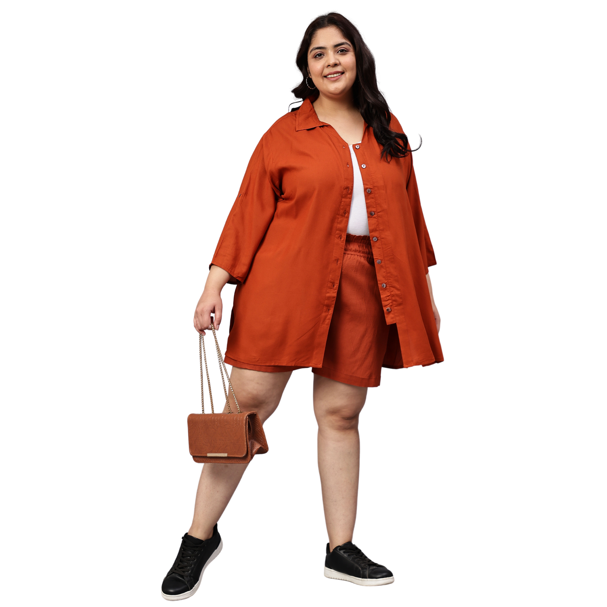 Rust Orange Solid Shirt And Short Set