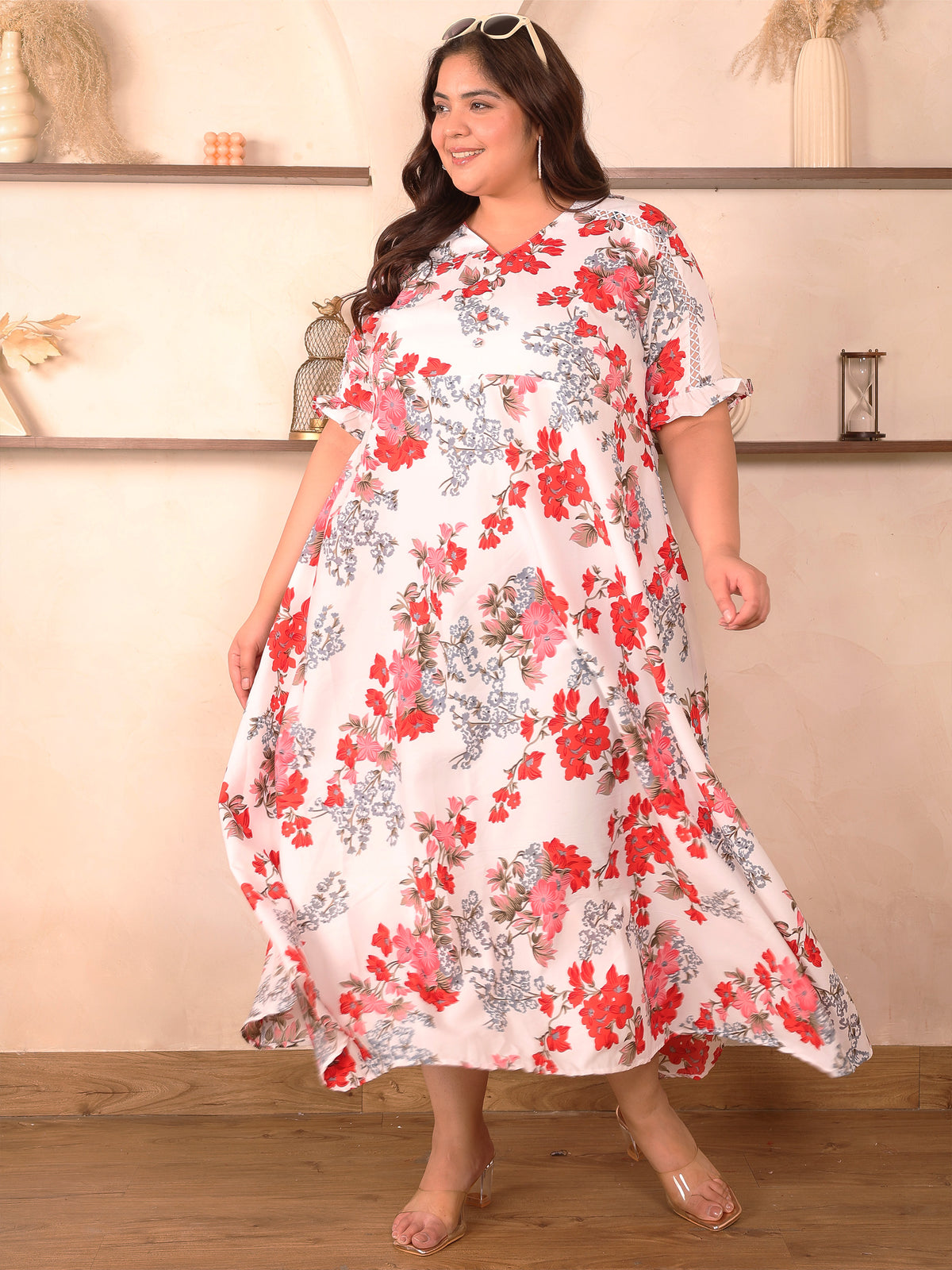 White and Red Floral Print Plus Size Maxi Dress