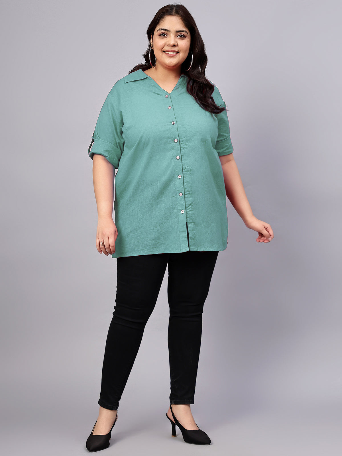 Blue Cotton Longline Plus Size Shirt