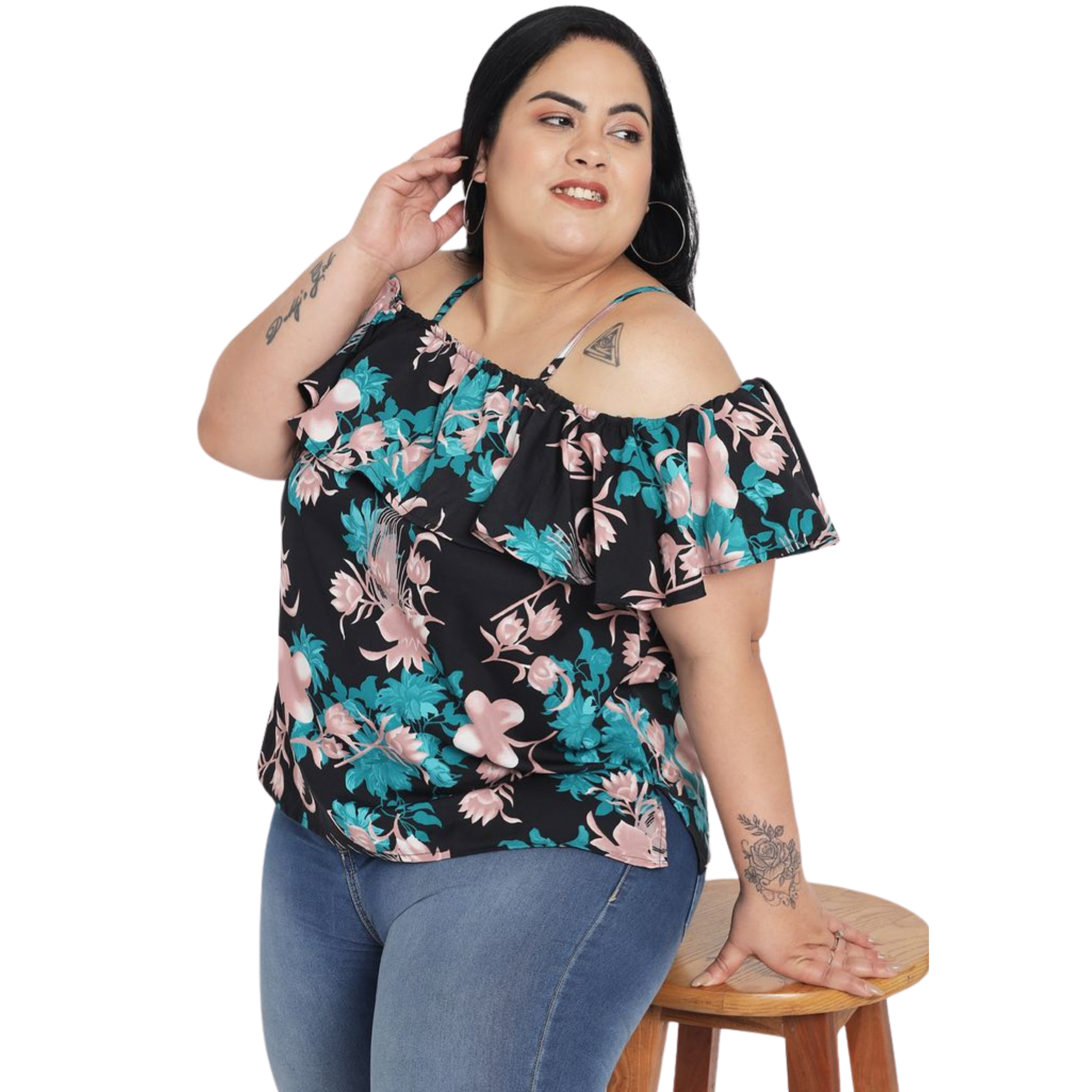 Green Floral Print Plus Size Top