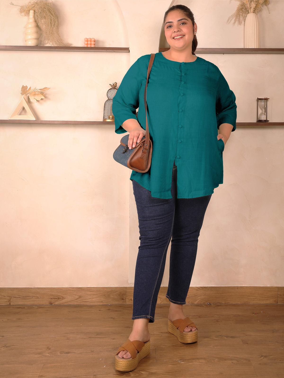 Turquoise Cotton Linen Plus Size Tunic