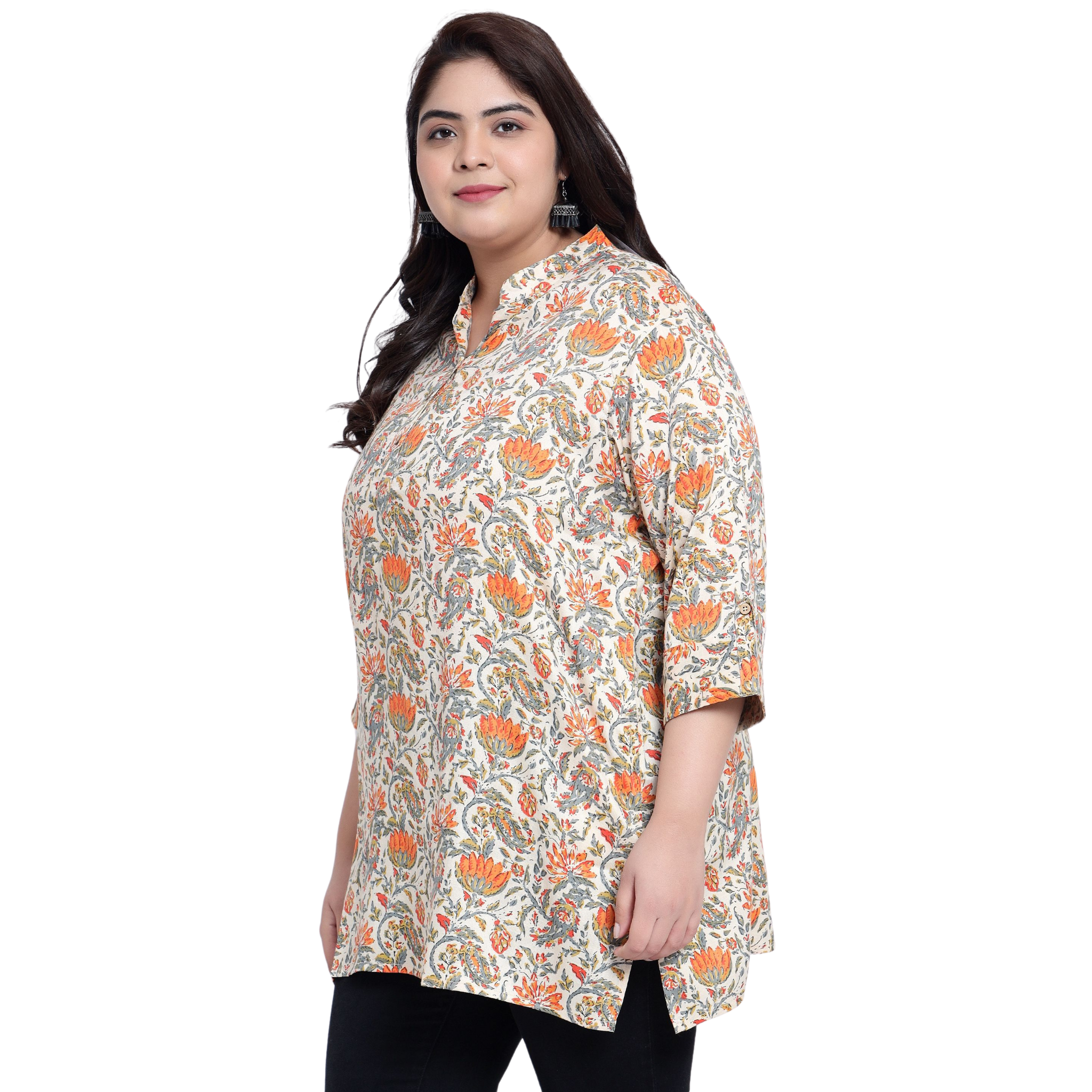 Orange and Beige Floral Print Plus Size Tunic