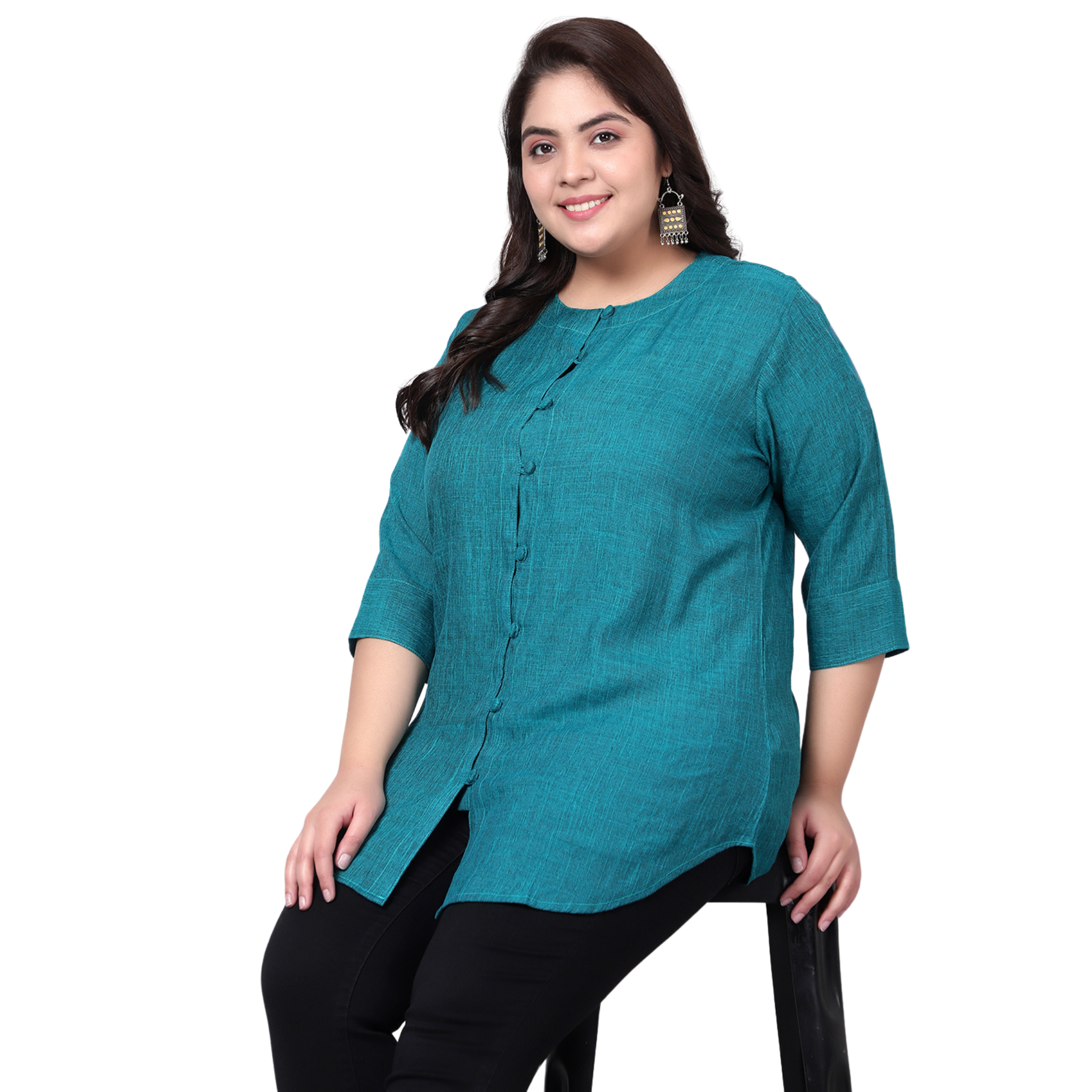 Turquoise Cotton Linen Plus Size Tunic