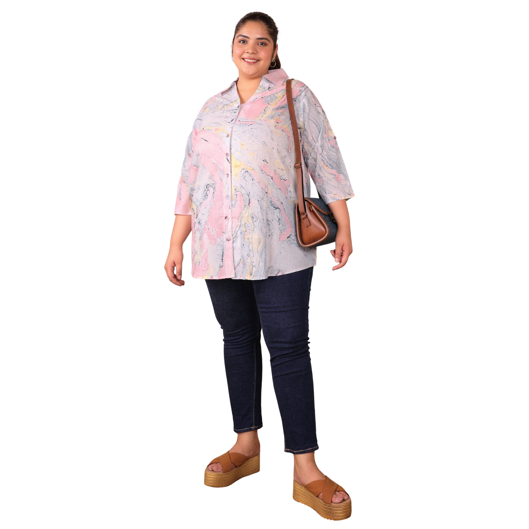 Pink Marble Print Longline Plus Size Shirt