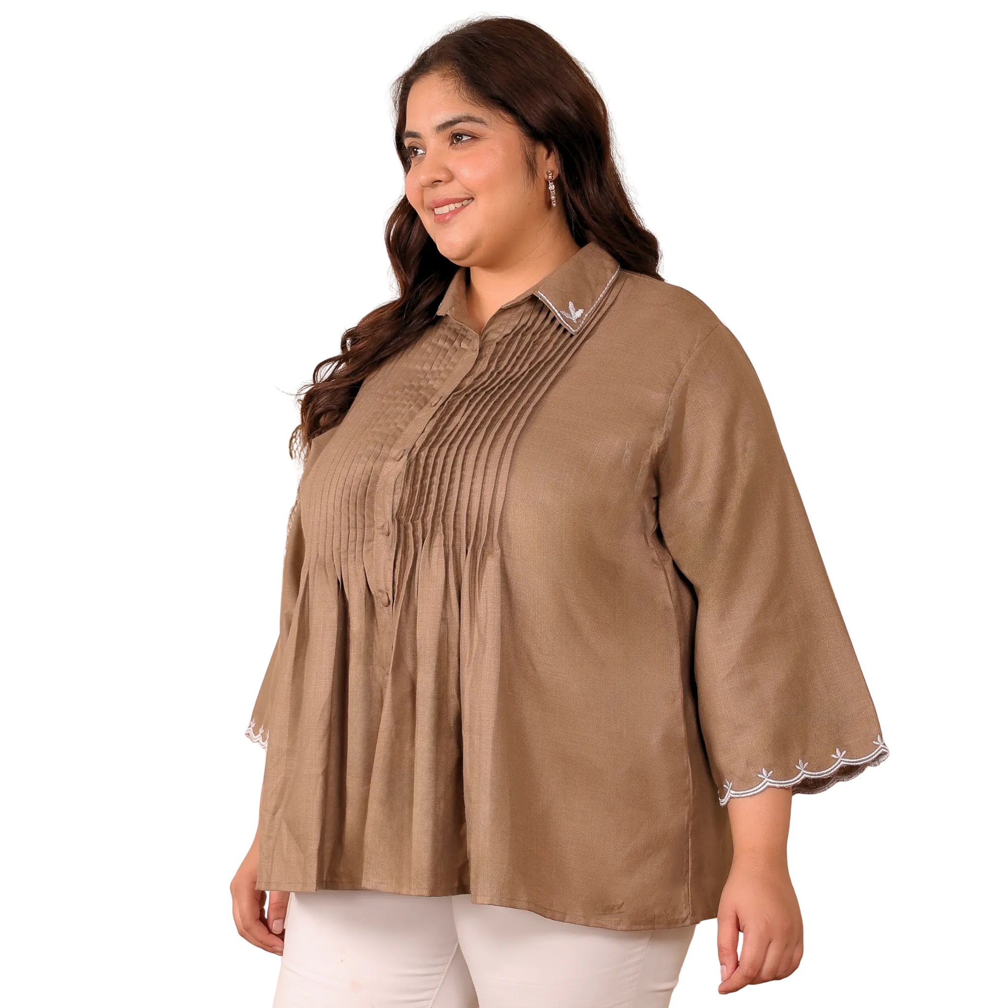 Brown Cotton Collar Embroidered Tunic