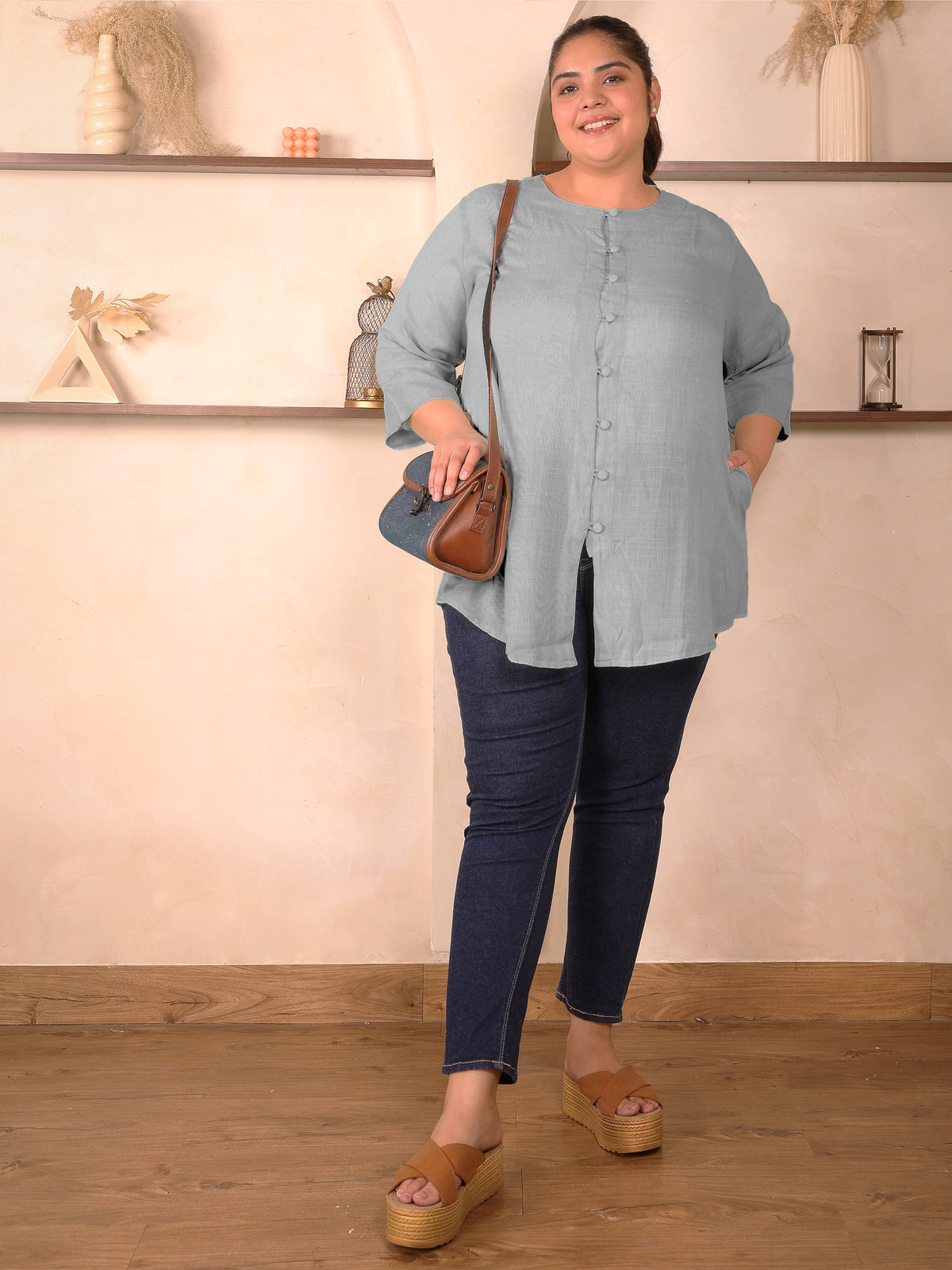 Grey Cotton Linen Plus Size Tunic