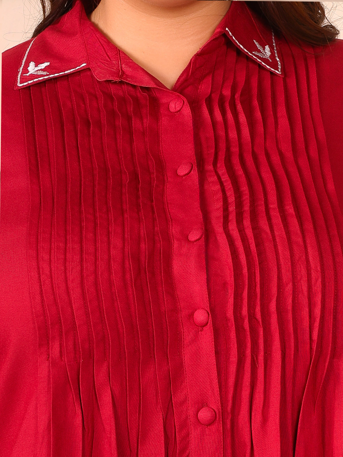 Red Rayon Collar Embroidered Tunic