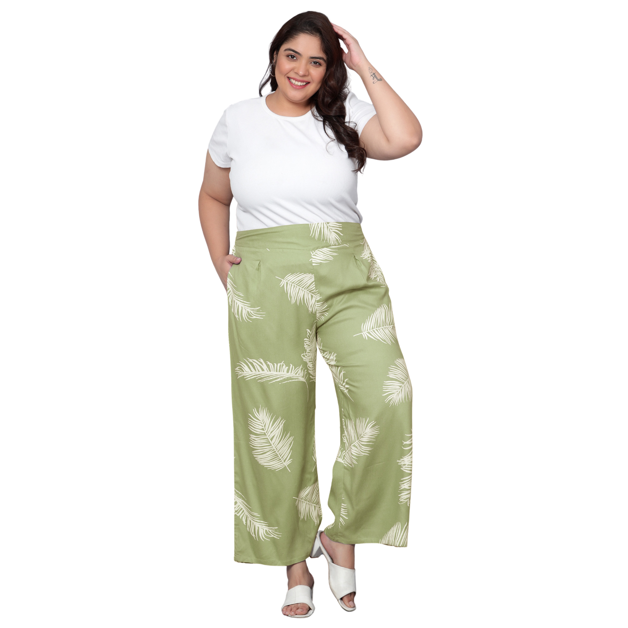 Green Leaf Print Plus Size Trousers