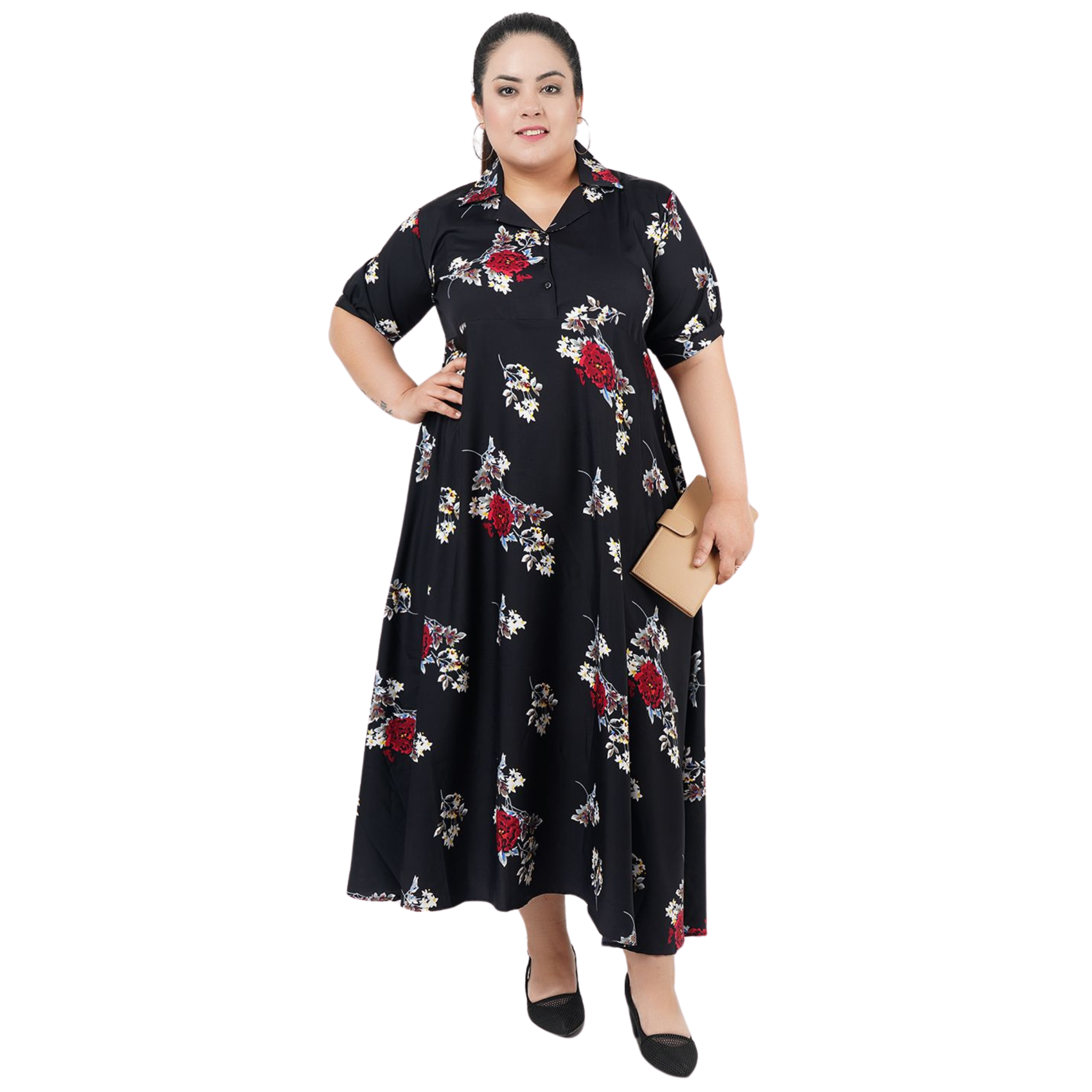 Black and Red Floral Print Plus Size Dress