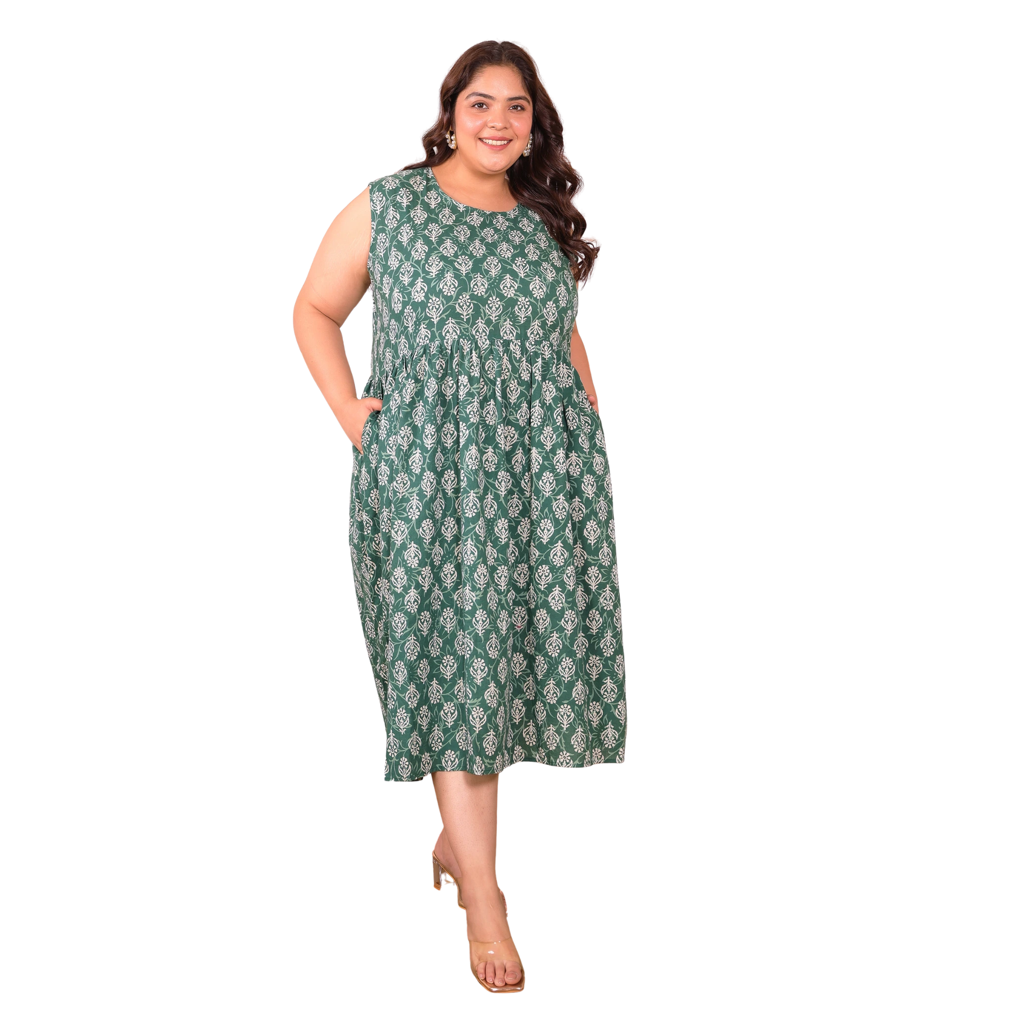 Green Geometric Print Cotton Plus Size Dress