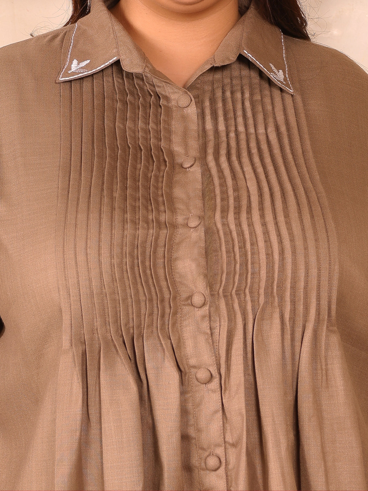 Brown Cotton Collar Embroidered Tunic
