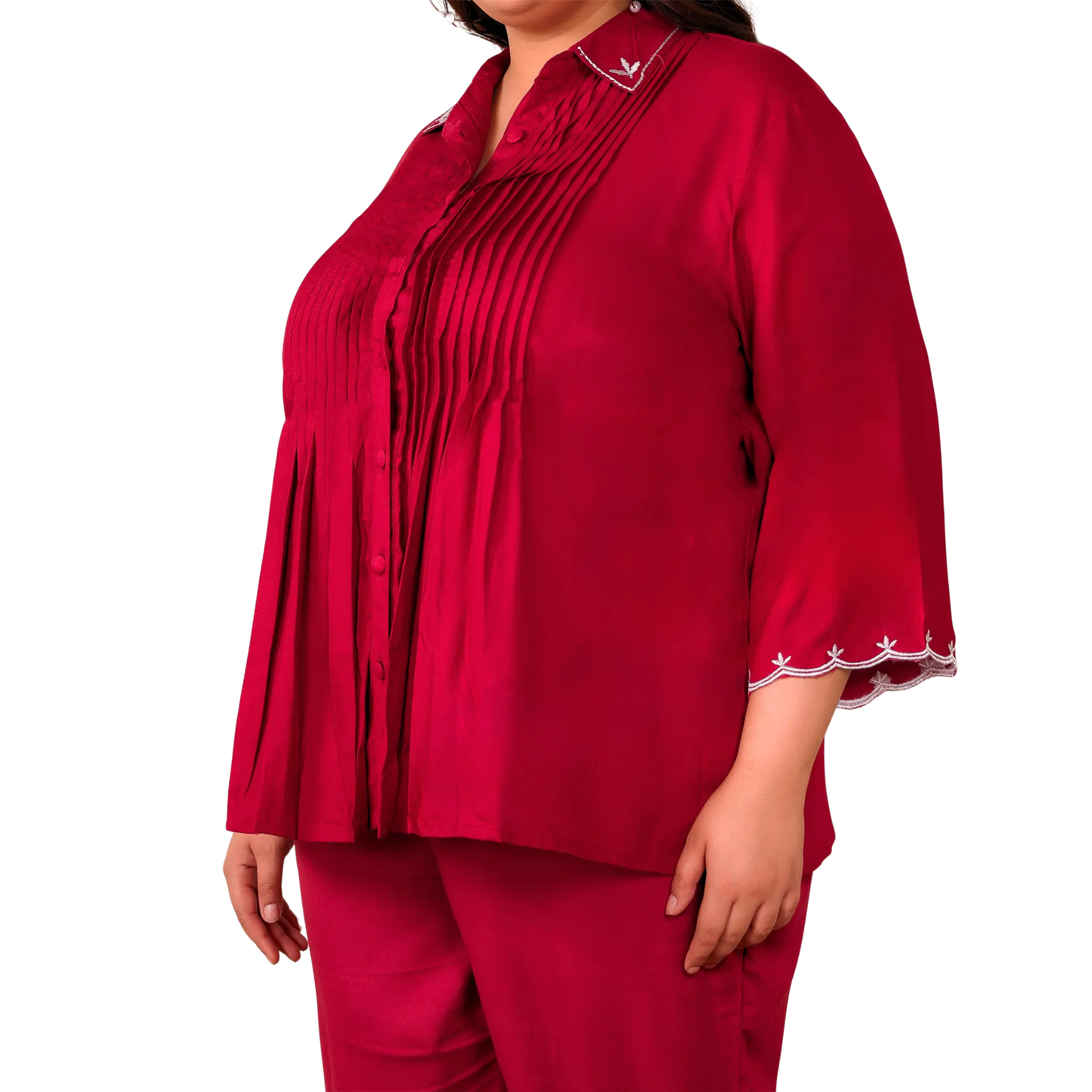 Red Rayon Collar Embroidered Co Ord Set