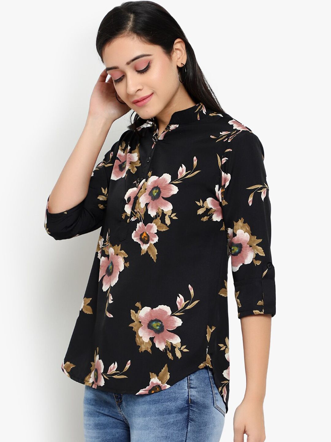 Black Floral Print Plus Size Tunic — view 3