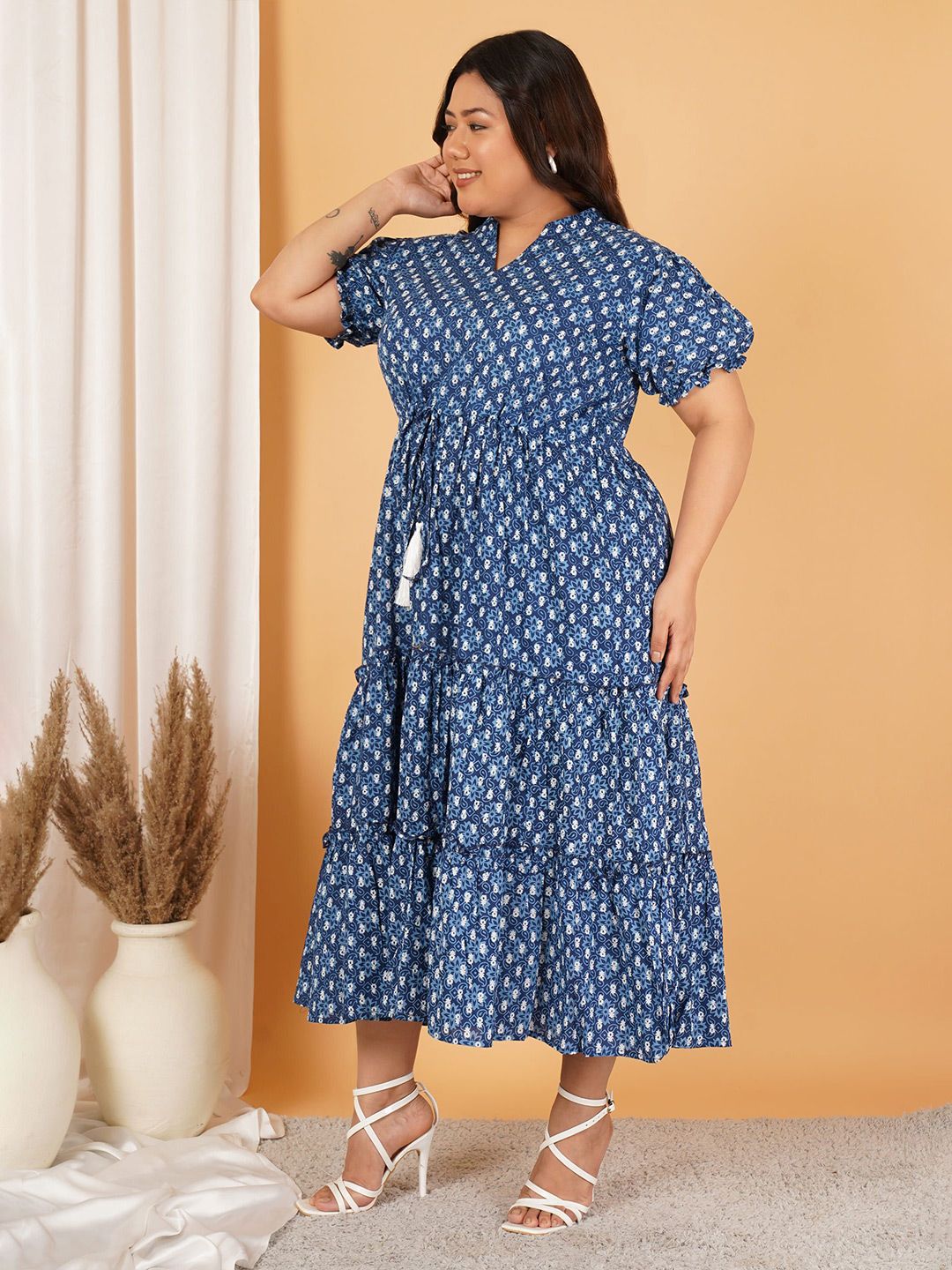 Blue Floral Tiered Plus Size Dress — view 4