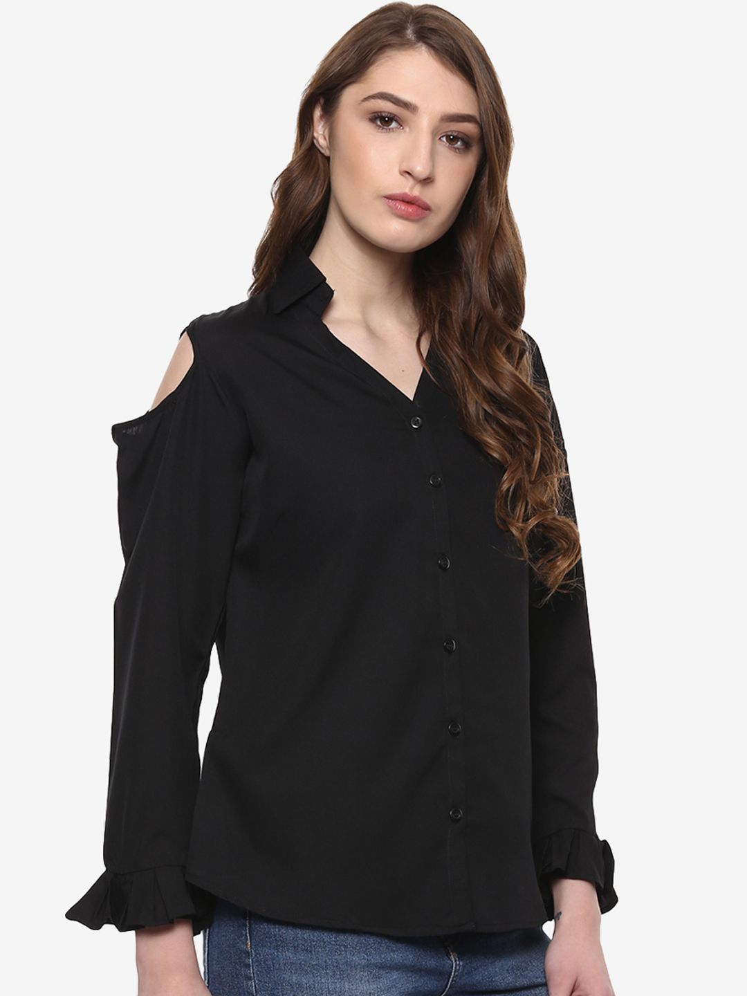 Black Cold Shoulder Ruffled Shirt — view 3