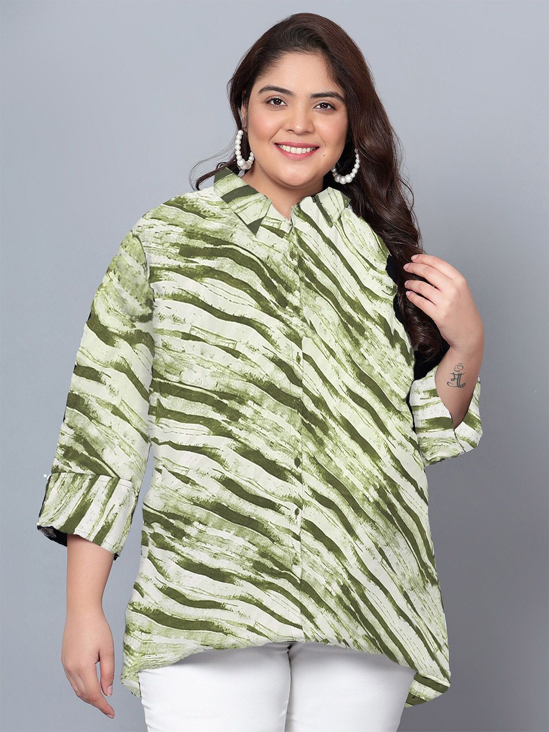 Green Leheriya Print Plus Size Shirt — view 1