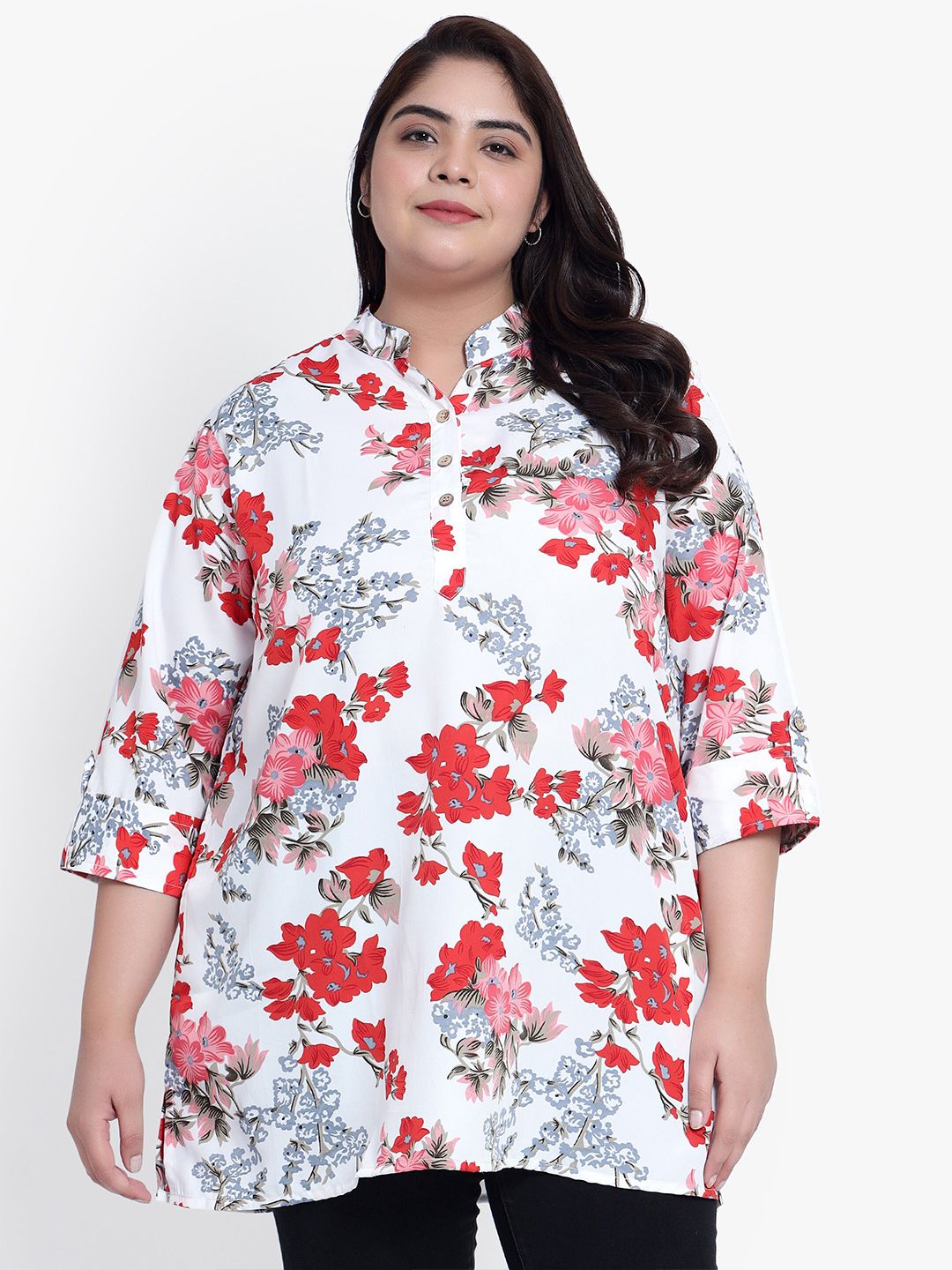 White Floral Print Plus Size Tunic — view 1