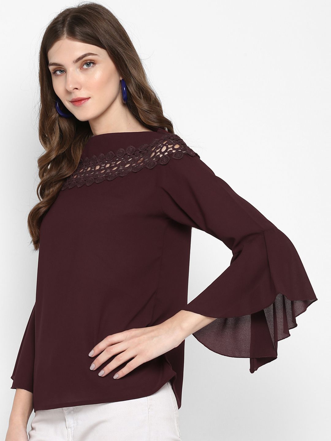 Brown Solid Lace Top — view 3