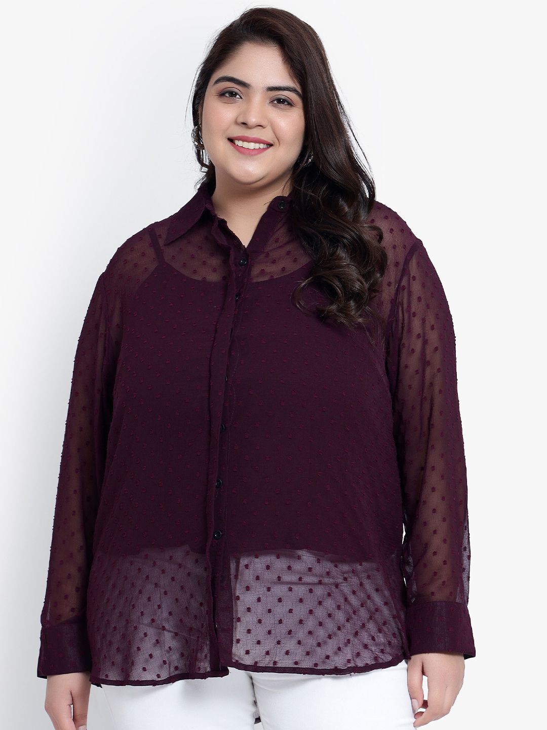 Purple Dobby Sheer Plus Size Shirt with Slip — view 1